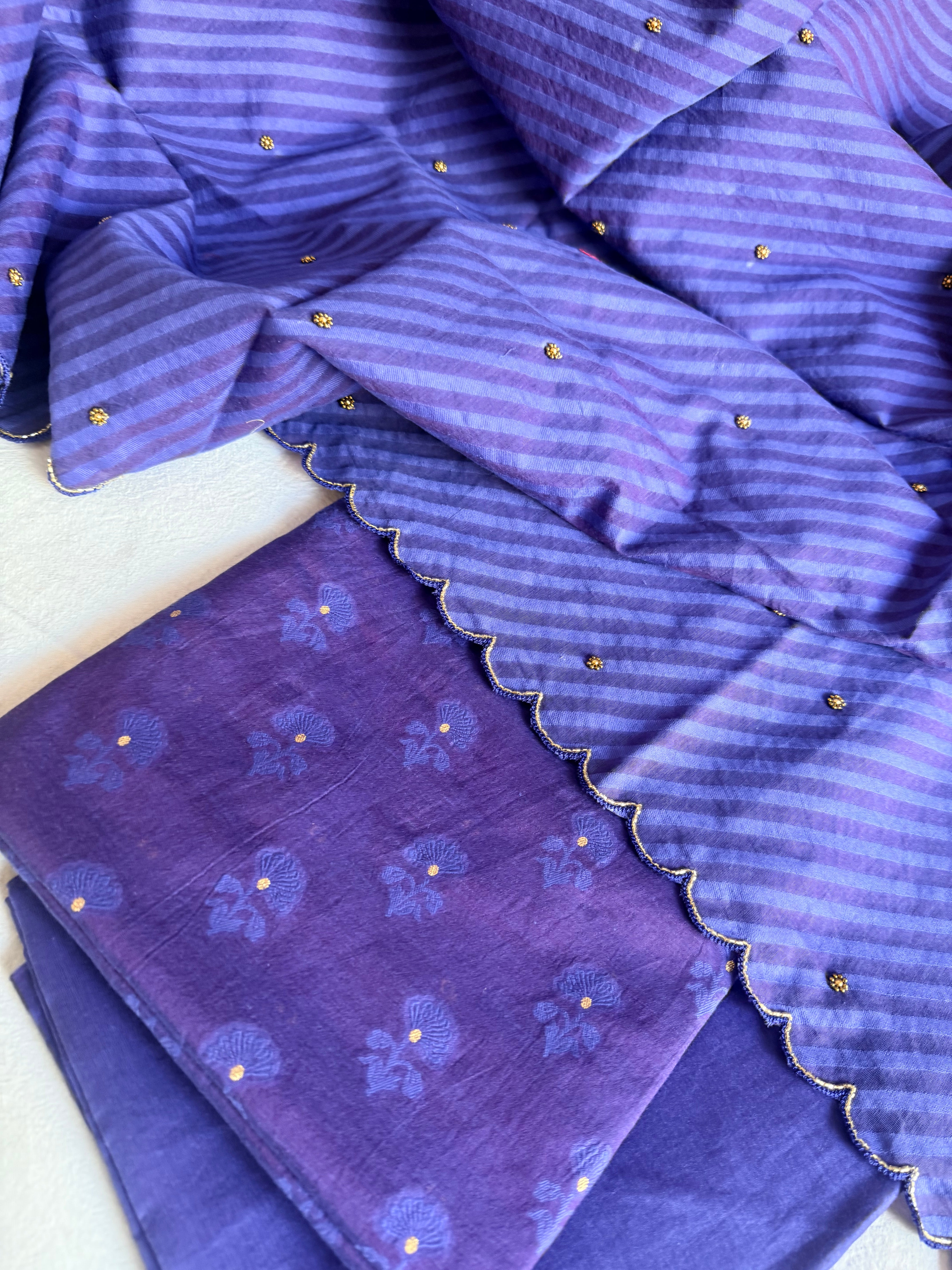 Summer suits under 8k - Mul cotton navy blue kurta paired with cotton sscalloped duppata set