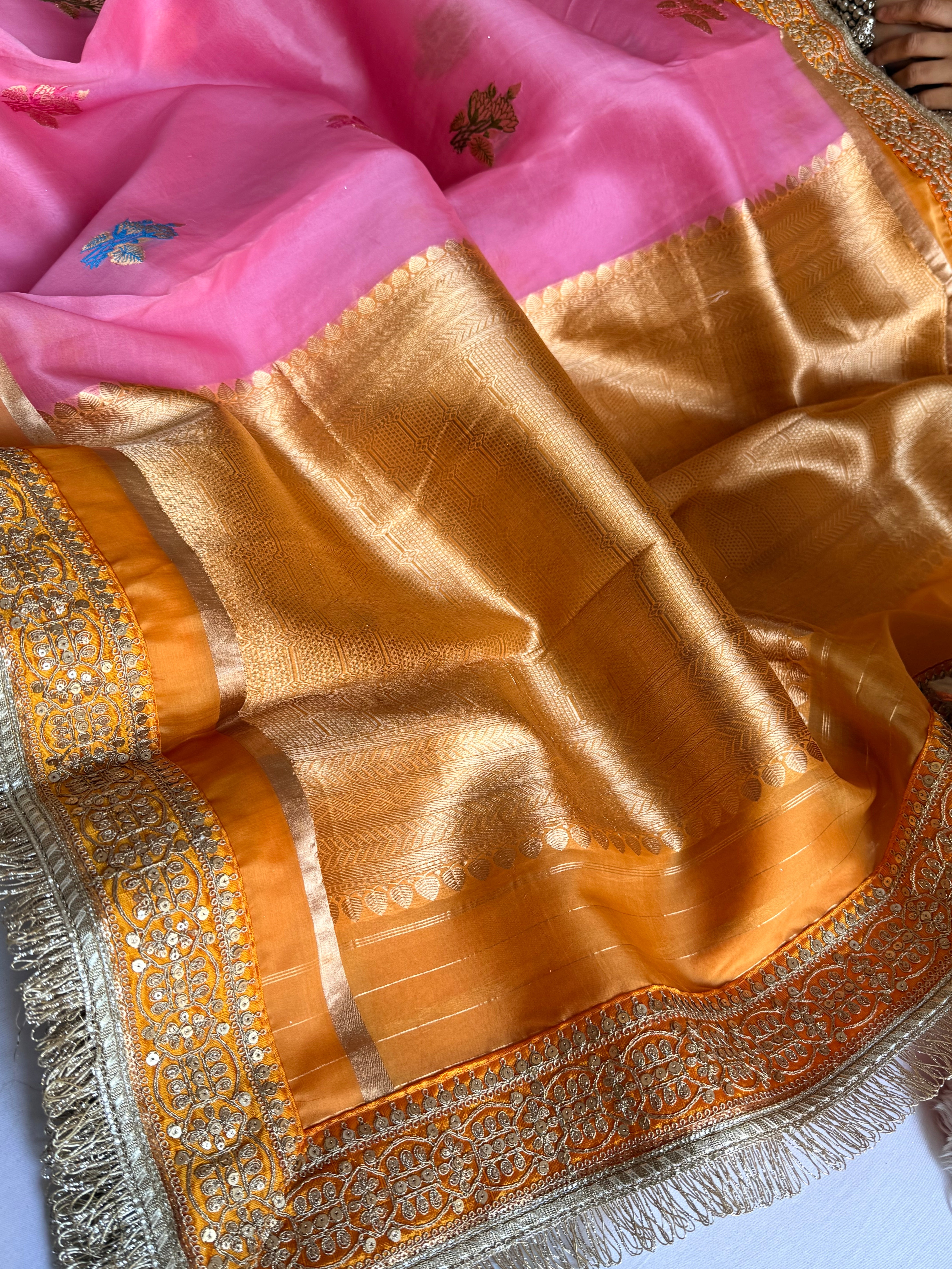 Banarasi leela candy pink-orange kora silk kadhwa saree