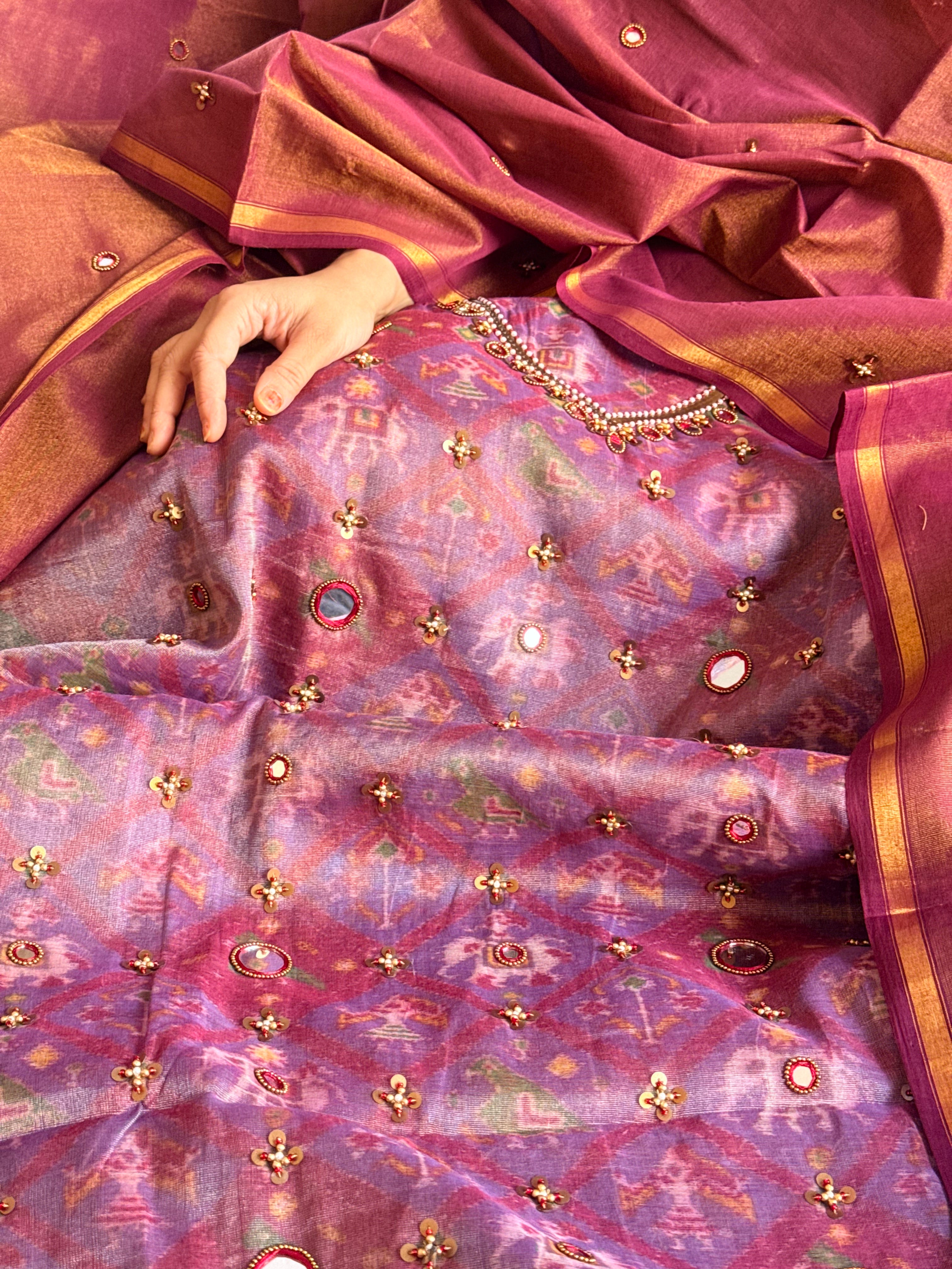 Patola weaving hand embroidered mul cotton tissue suit sets