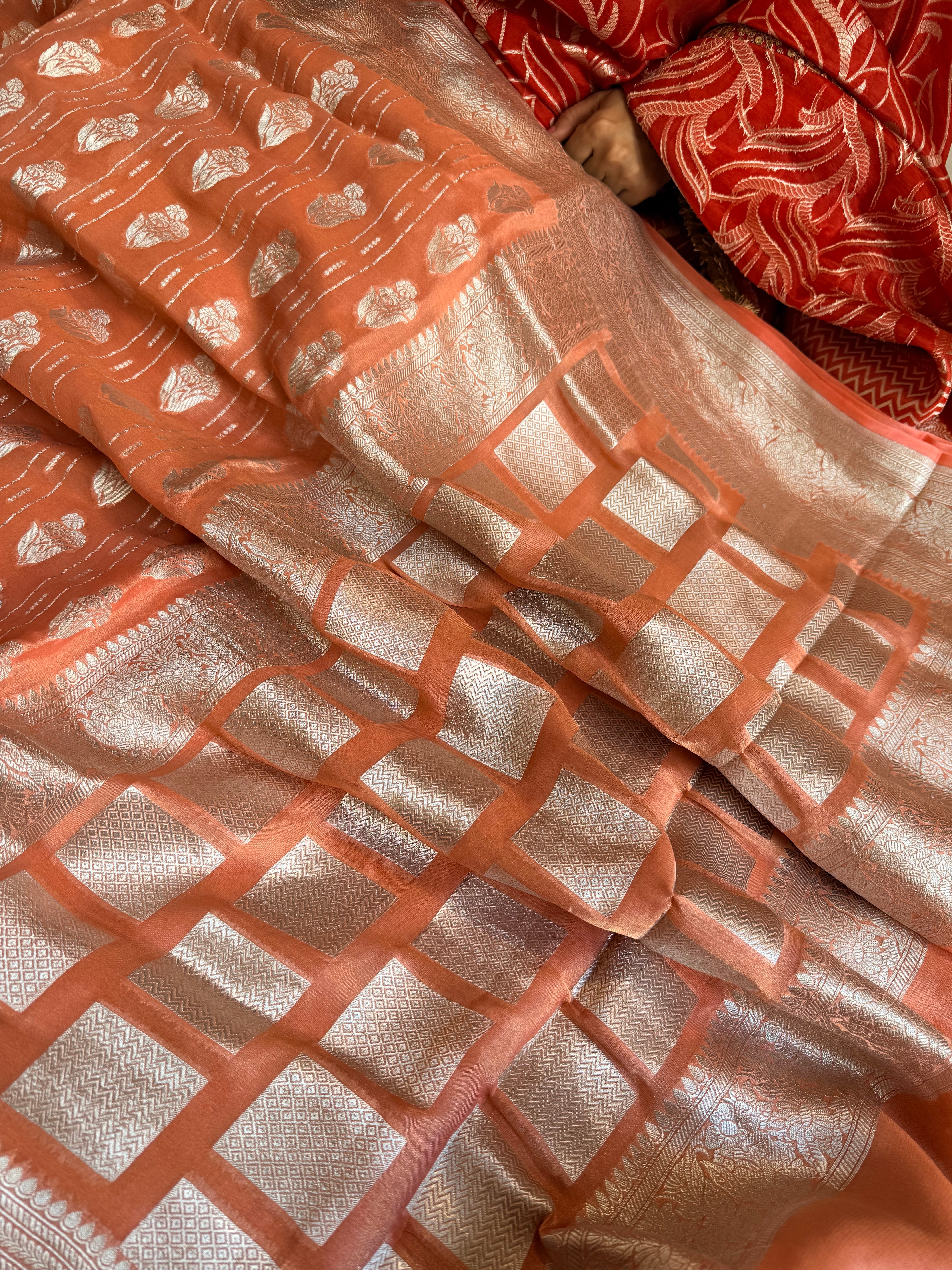 Chiffon soft orange tissue gorgette kadhwa weaving saree