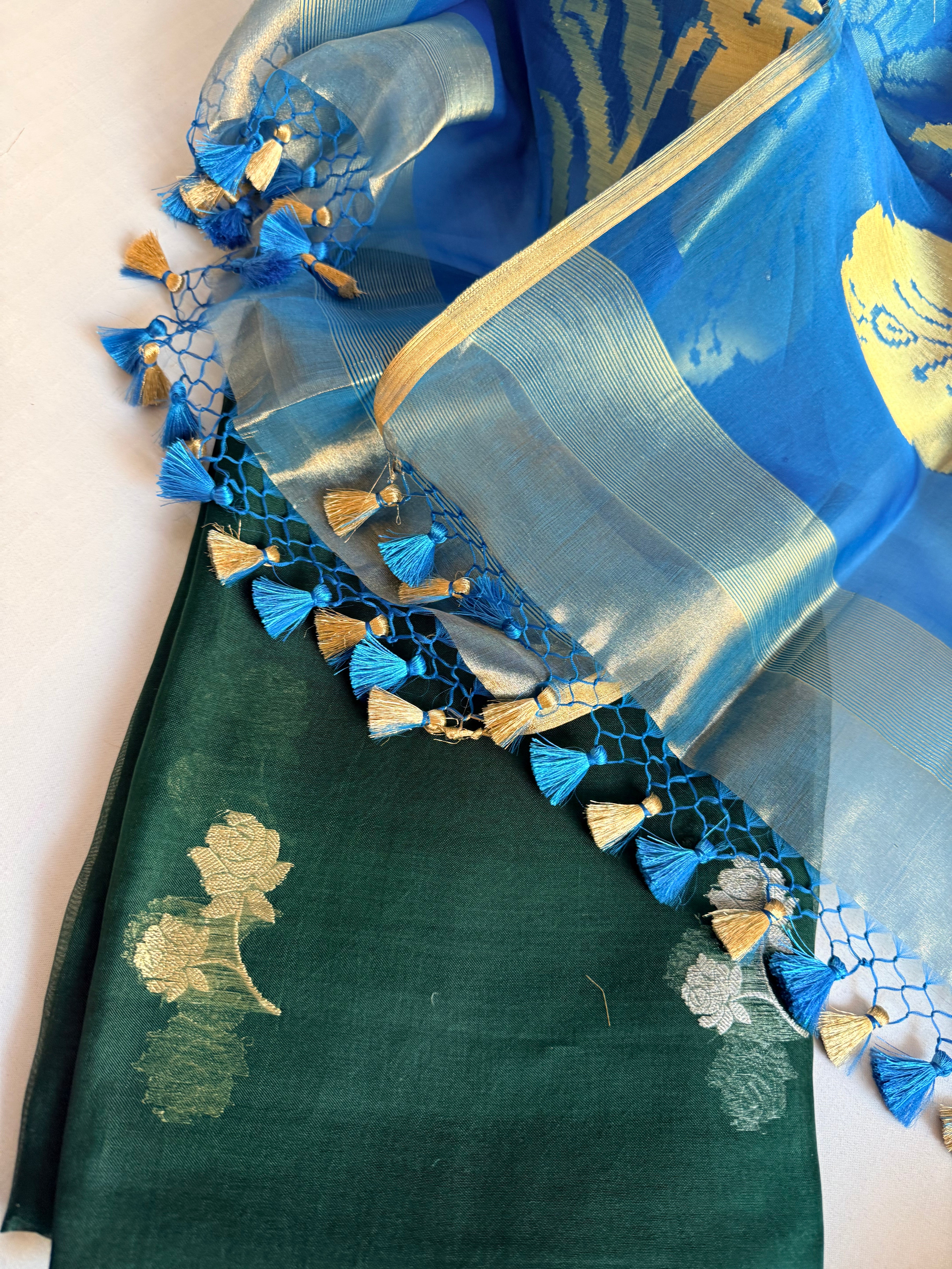 Peacock motif kora silk kadhwa blue-bottle green combination suit set