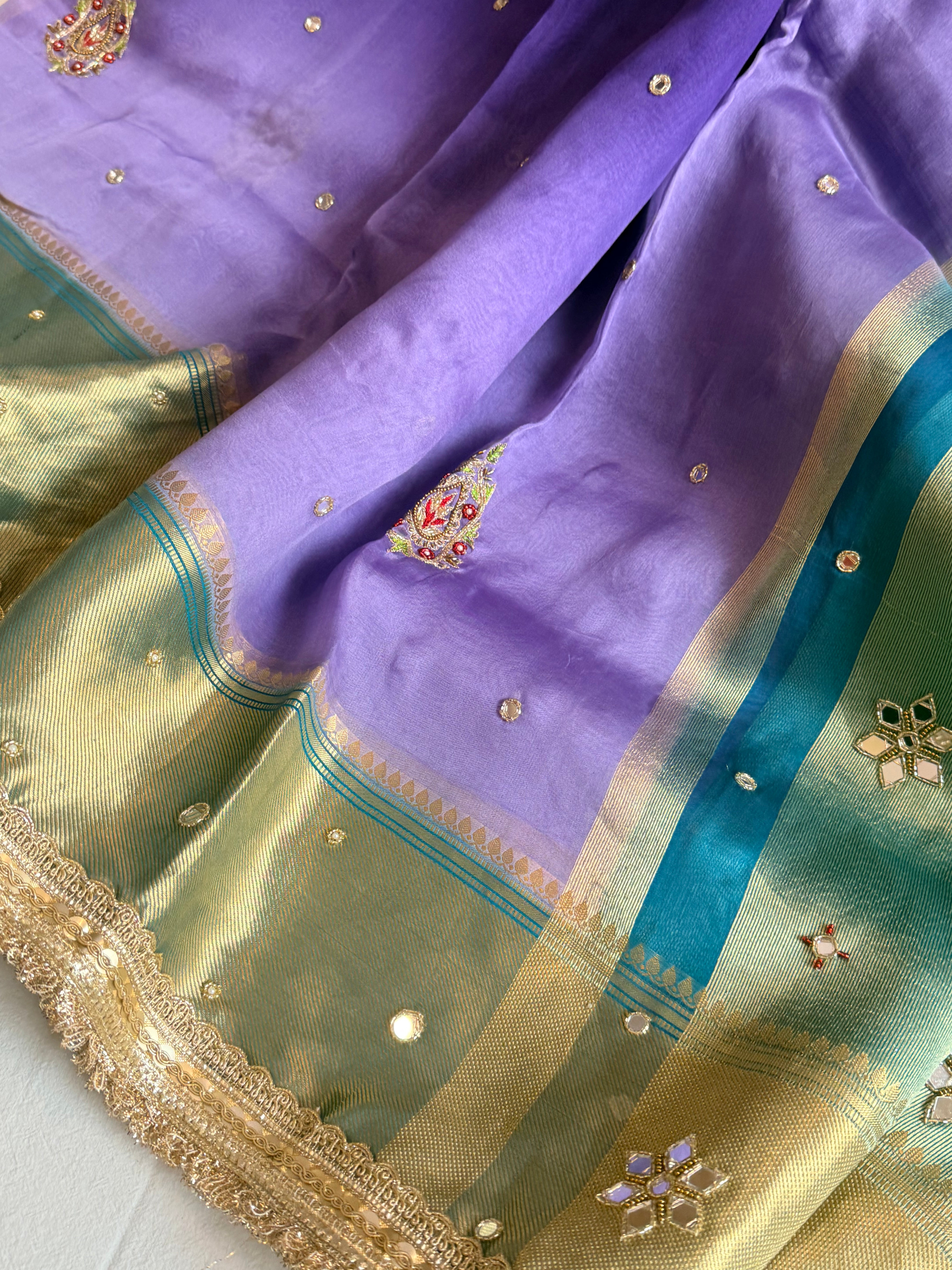 Husn ganga jamuna contrast border kora silk hand embroidered saree