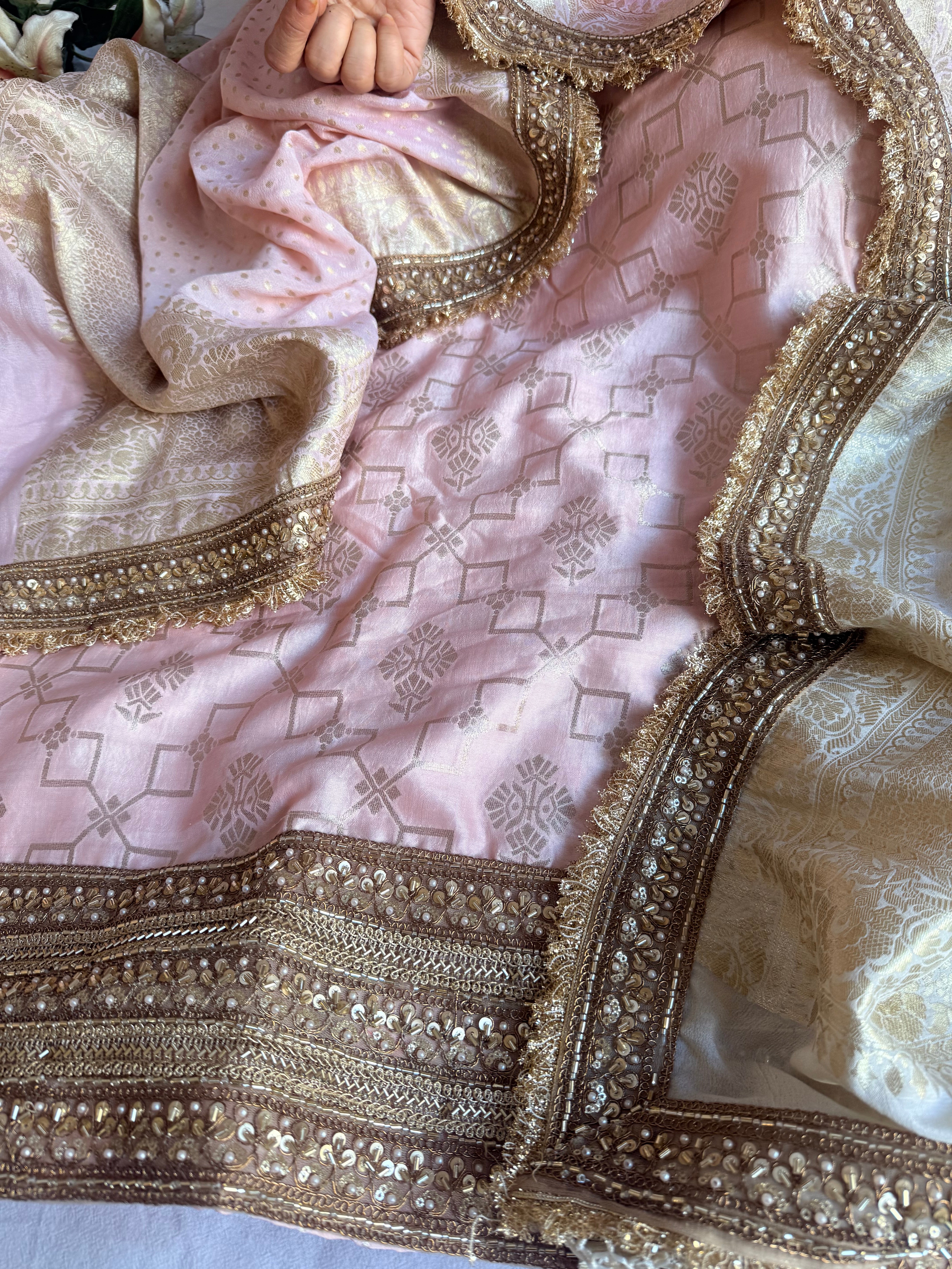 Blush pink - sage green moonga silk zardozi hand embroidered suit sets