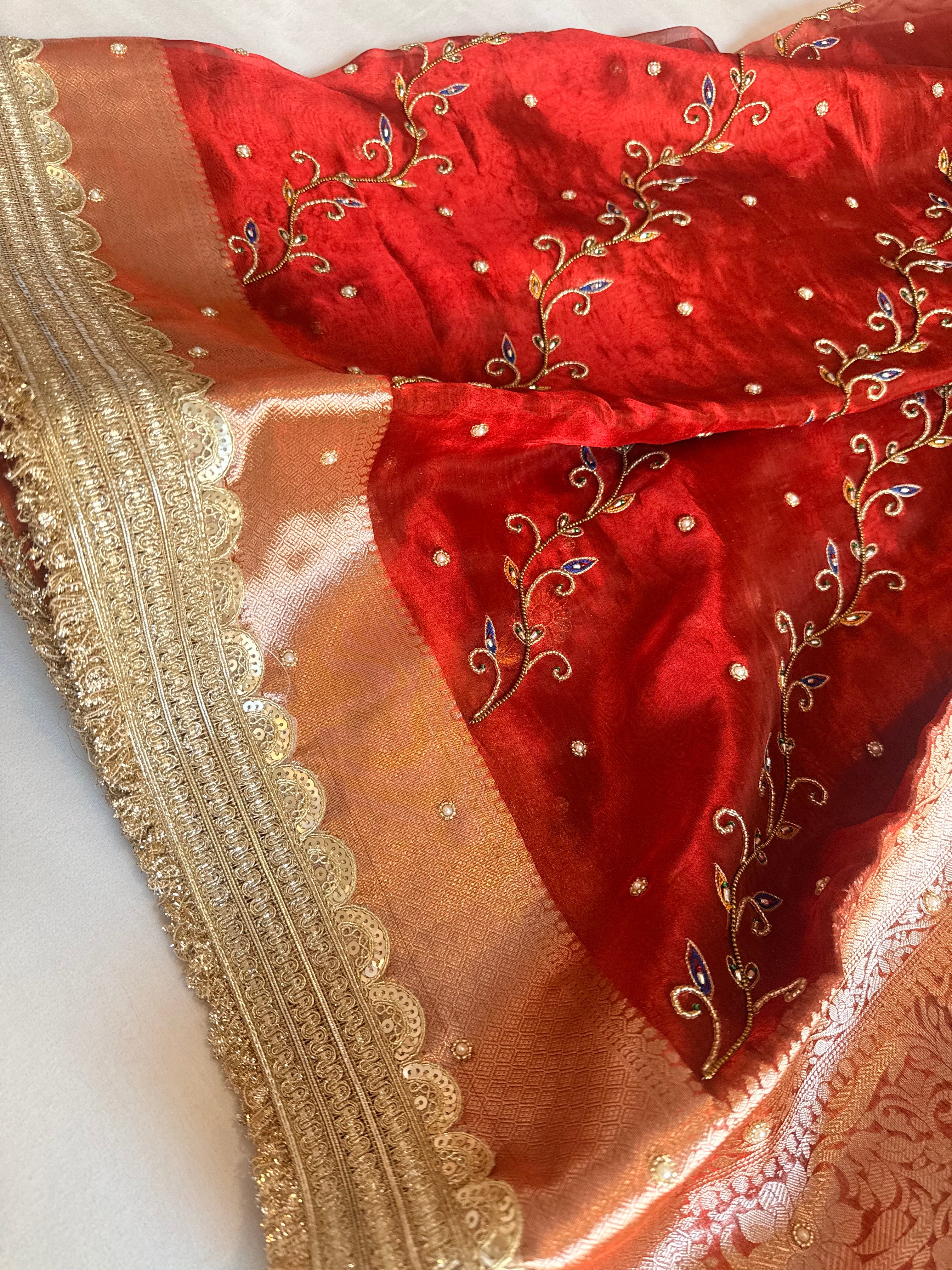Maharani chand buta kadhwa tissue silk hand embroidered saree duppata set