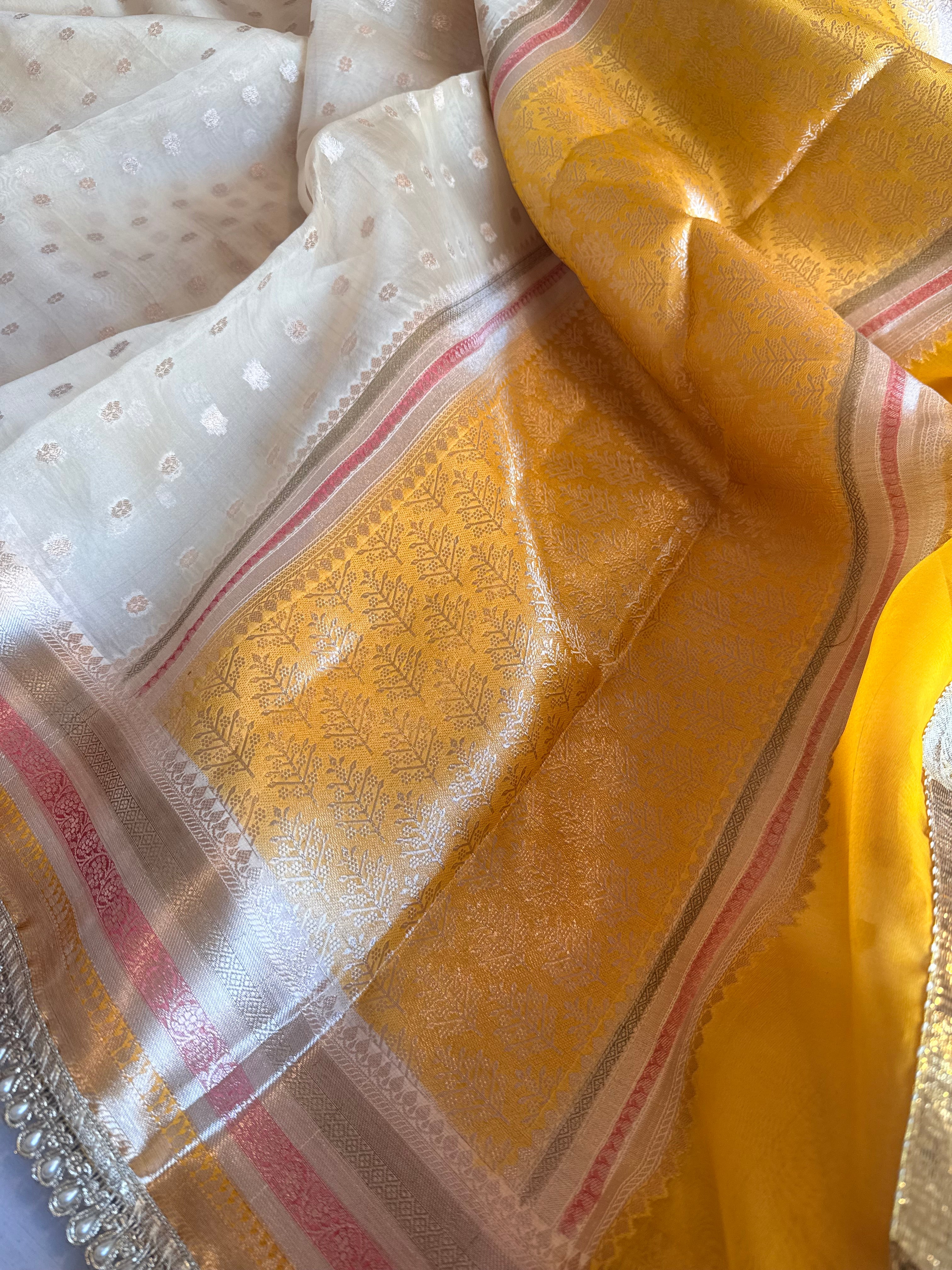 Banarasi kora silk rainbow dyed kadhwa saree with gotapatti work