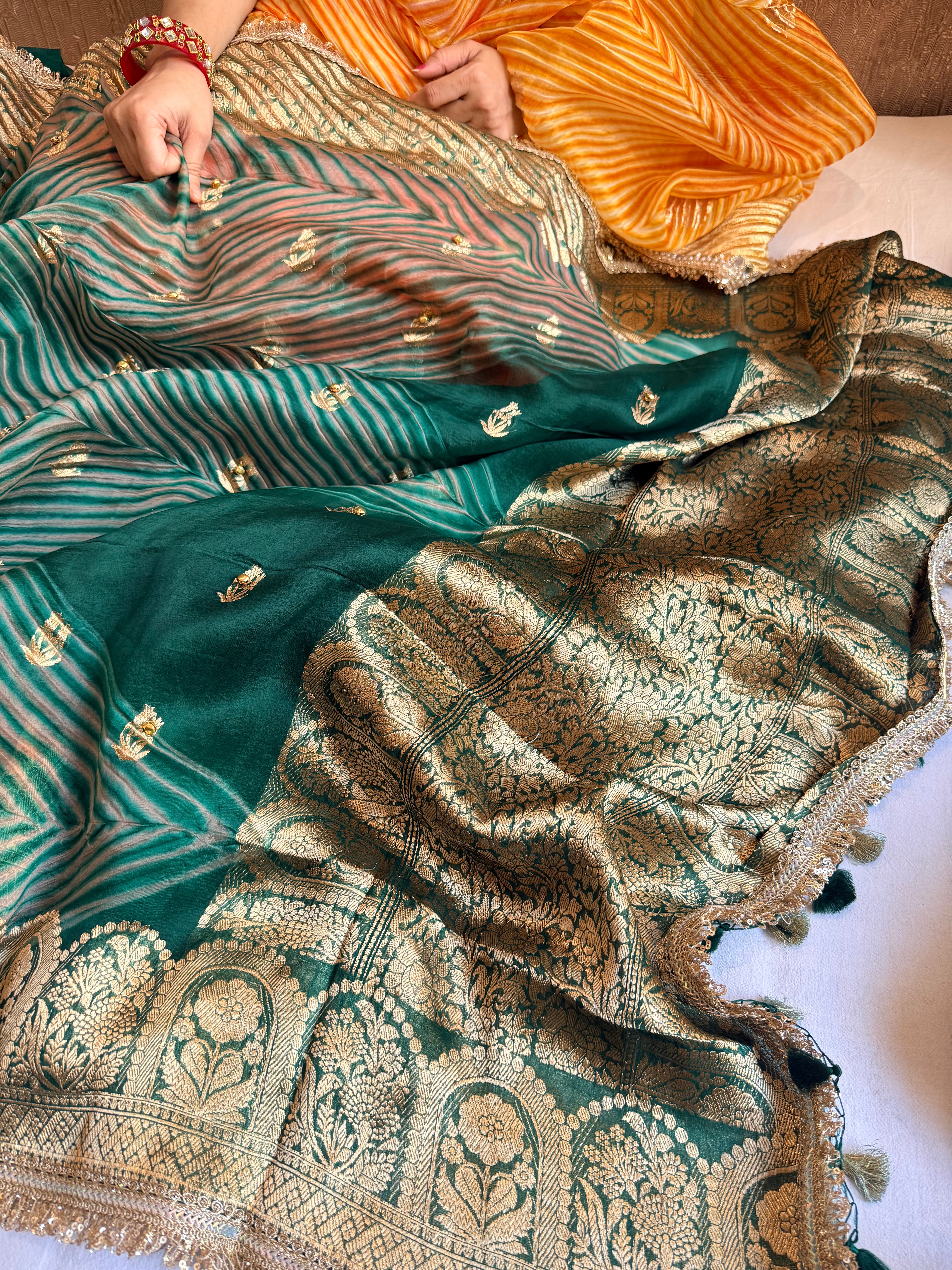 Bottle green banarasi kora silk arshi dyed kadhwa saree