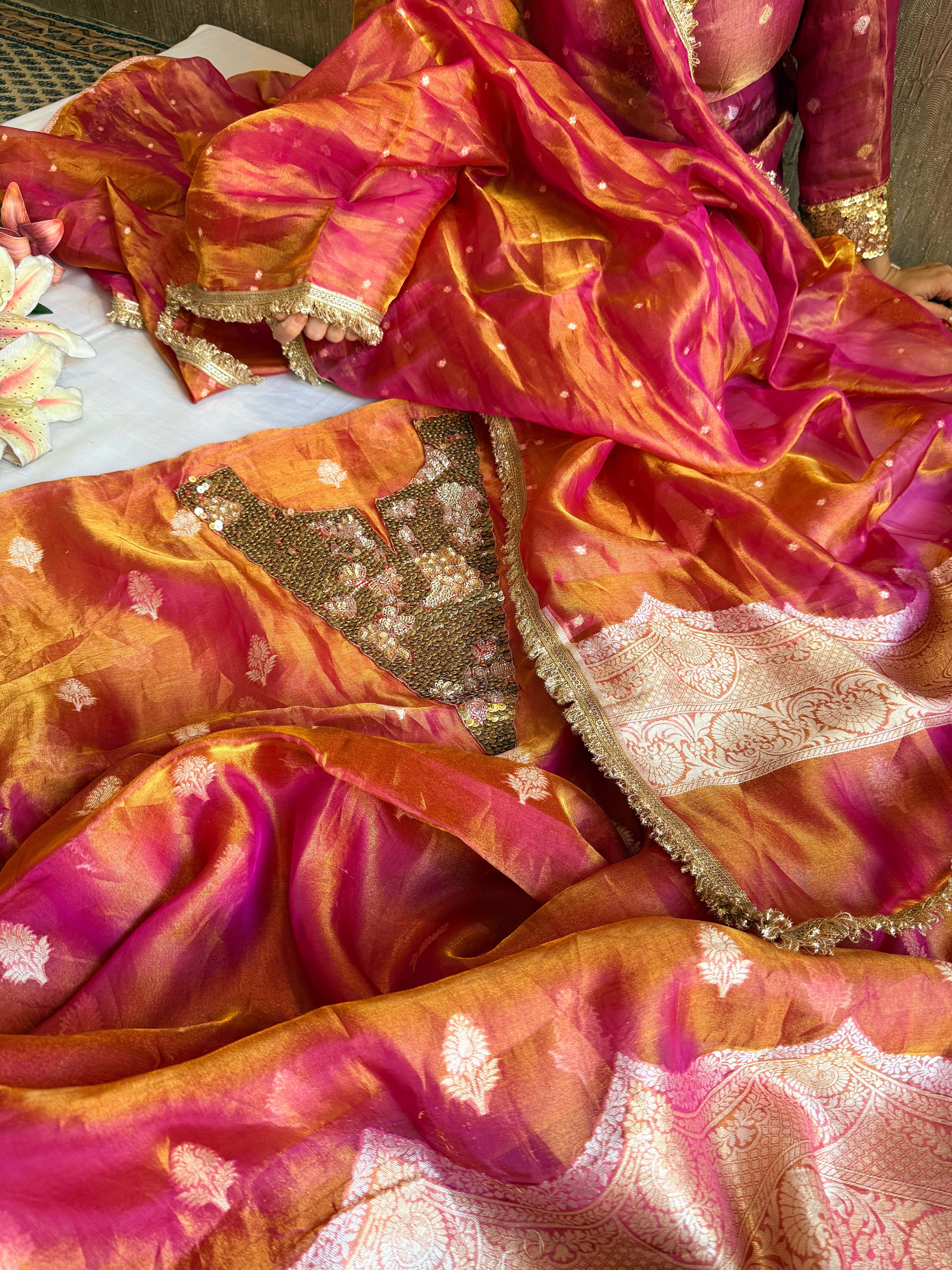 Karwachauth edit tissue silk sequins work hand embroidered suits