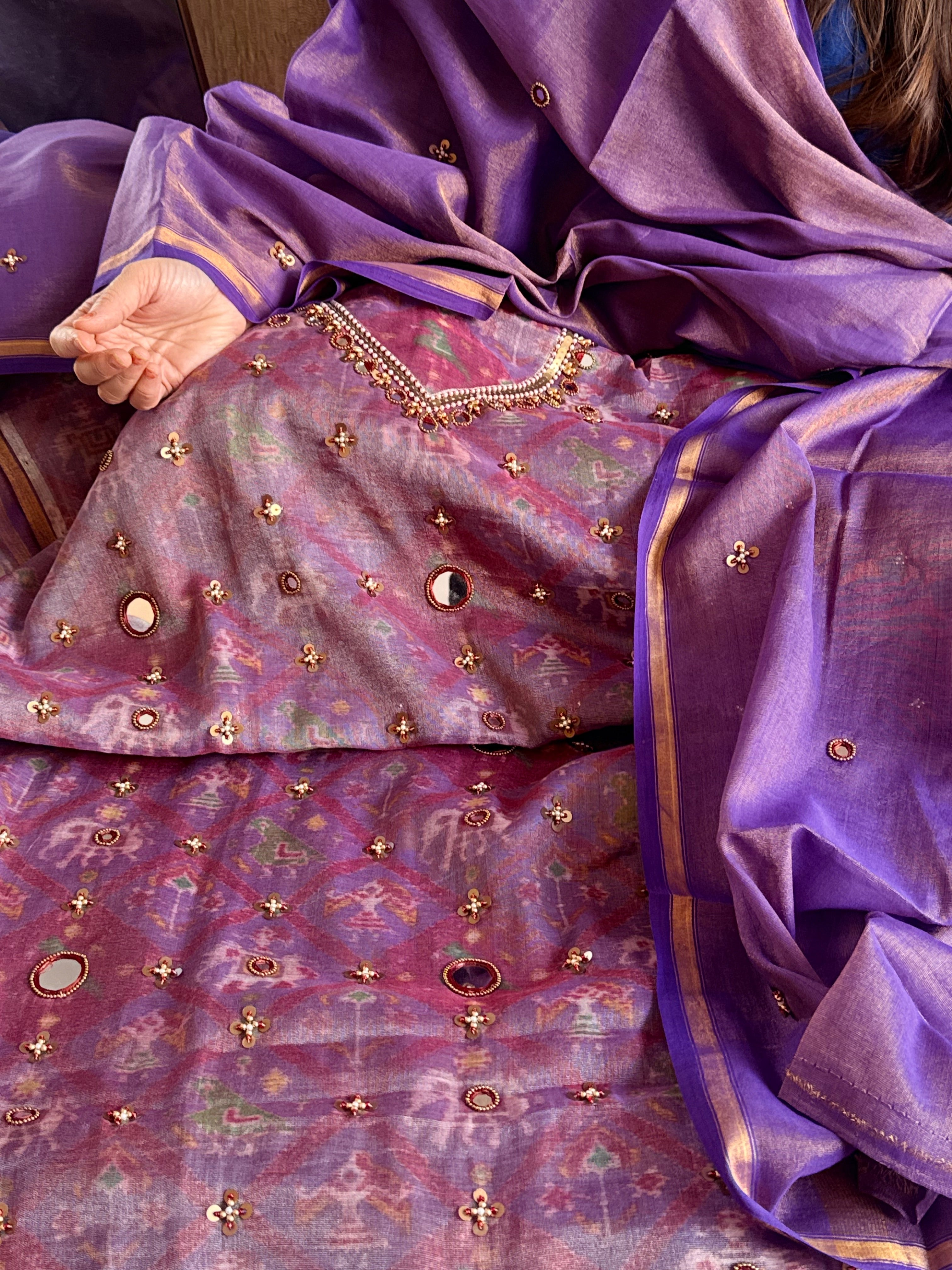 Patola weaving hand embroidered mul cotton tissue suit sets