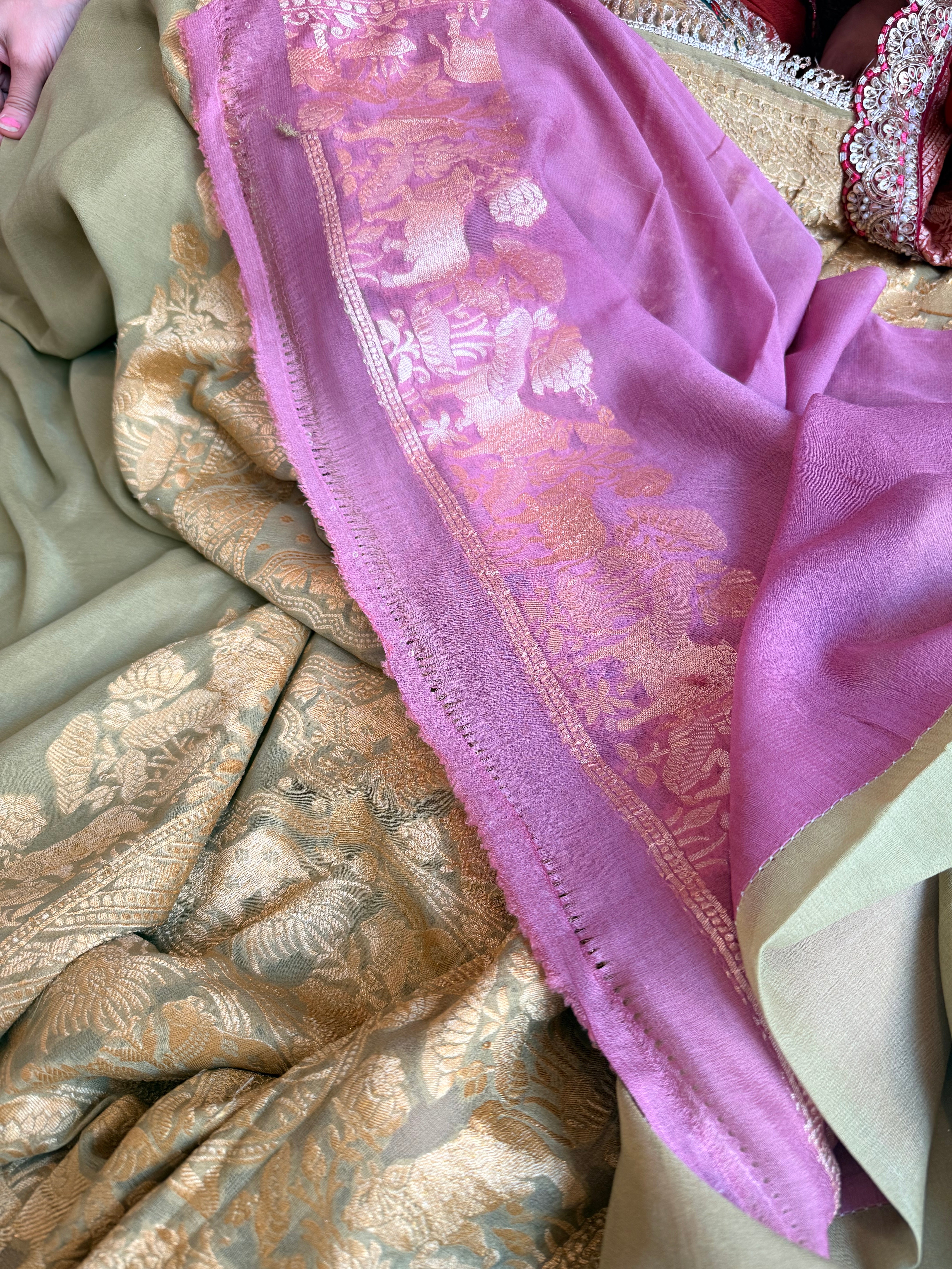Sage green shikargah kadhwa border chiffon gorgette banarasi saree