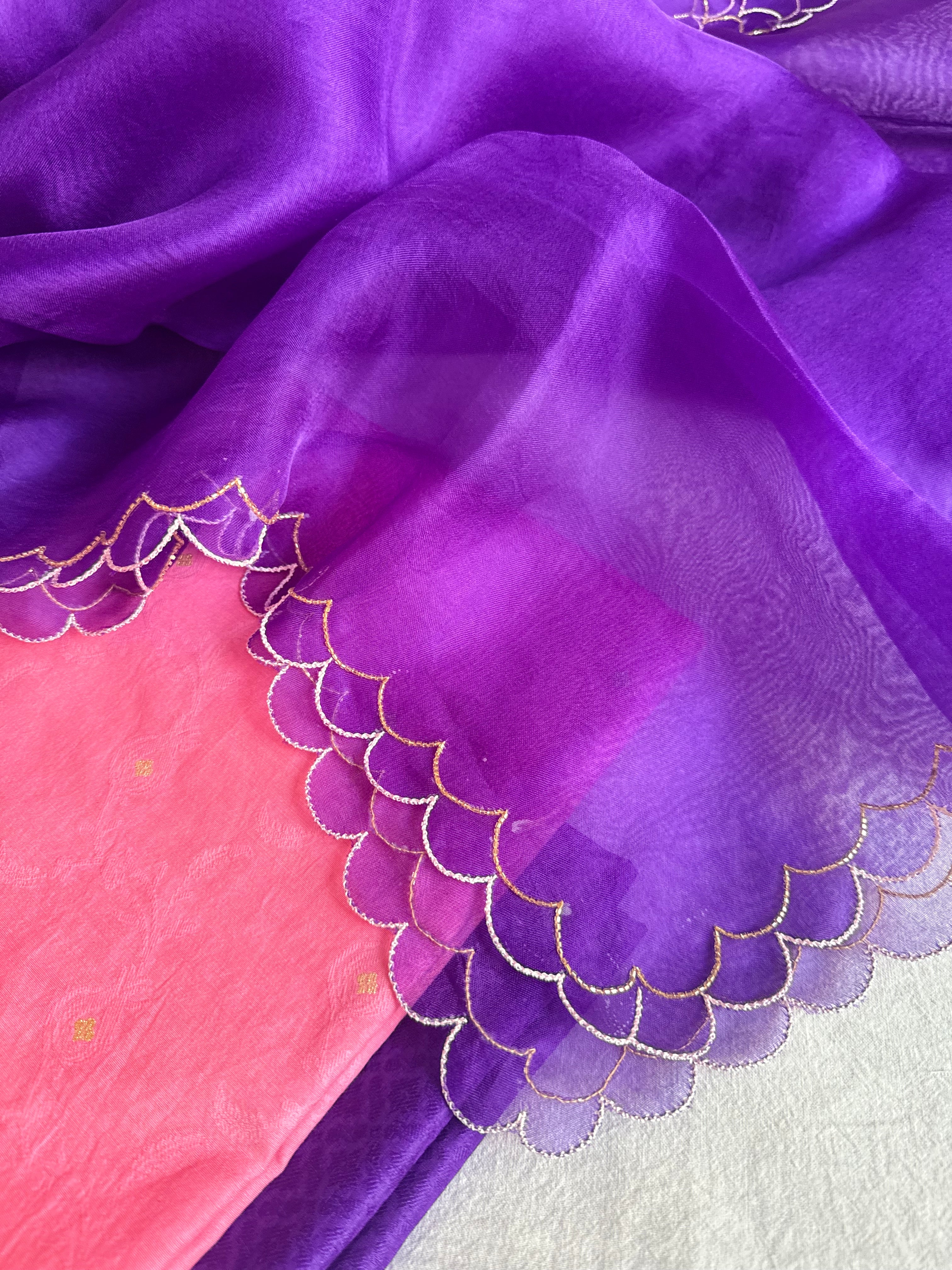Summer suits under 8k - Mul cotton peach kurta paired with purple scalloped kora silk duppata