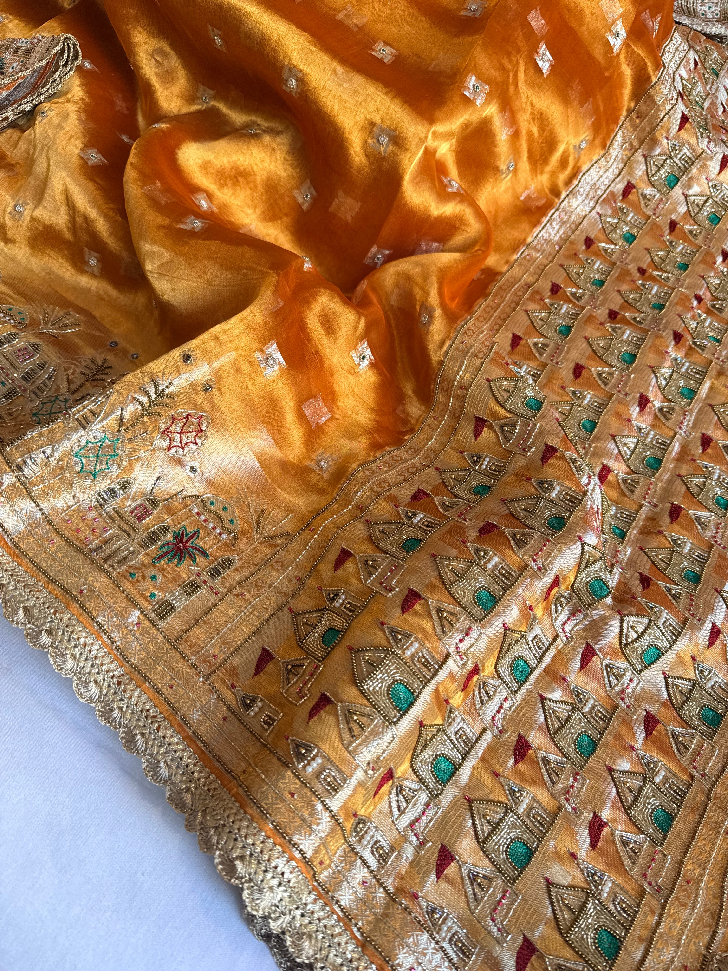 Ganga-darshan edit - Tissue silk fanta orange hand embroidered kadhwa saree