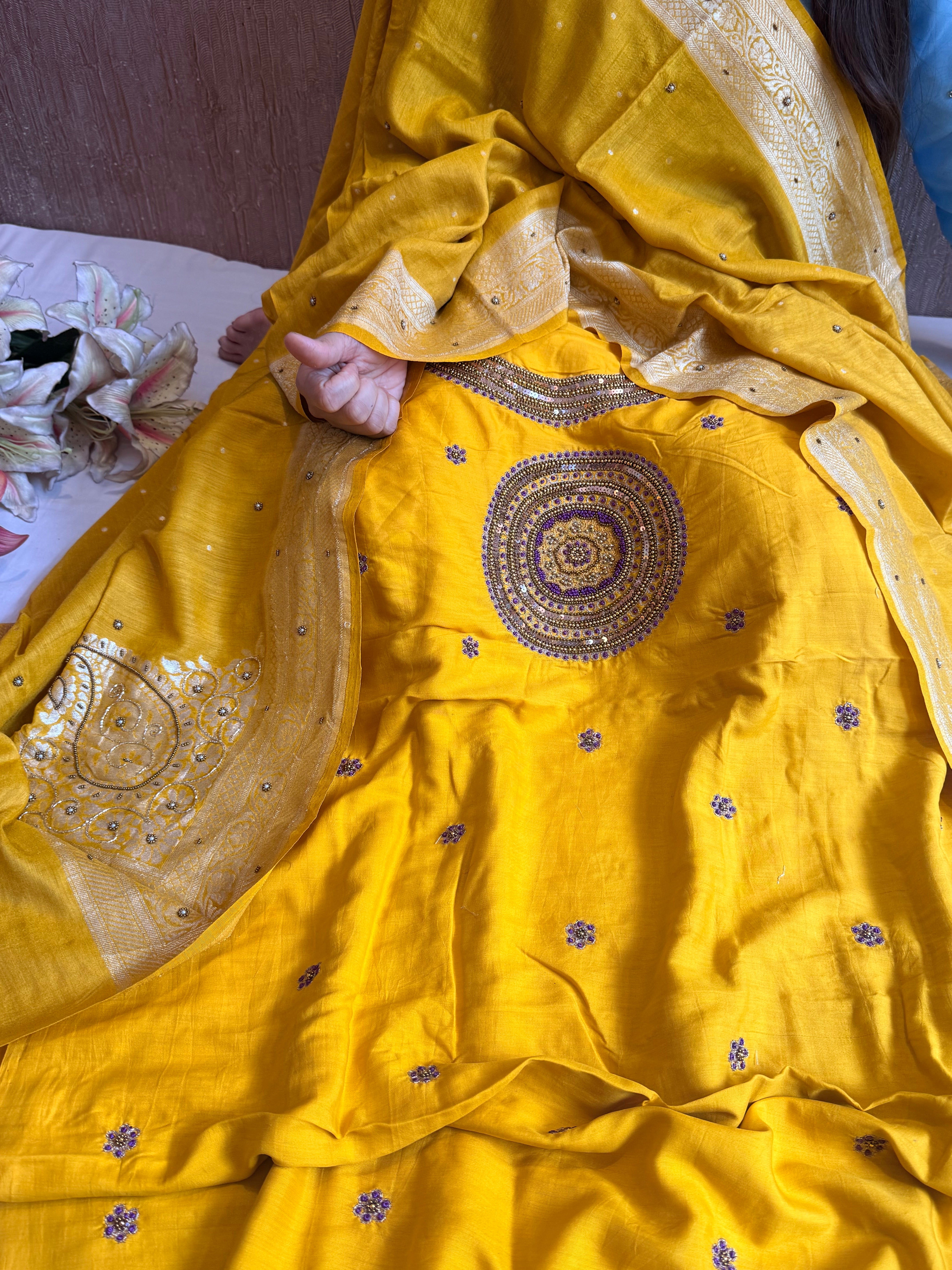 Haldi yellow spun chiniya silk hand embroidered mandala work suit set