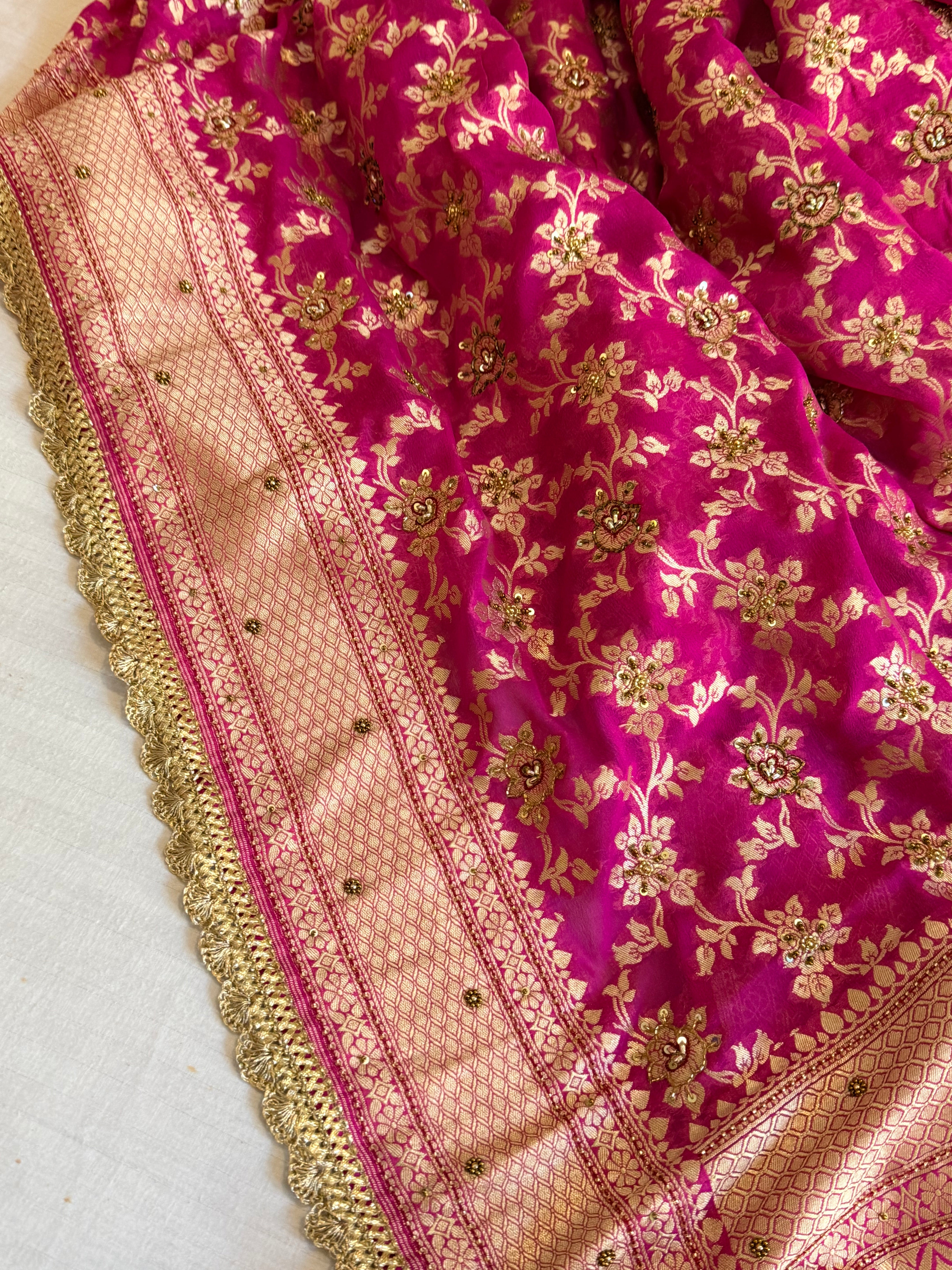 Banarasi chiffon gorgette rani pink hand embroidered kadhwa saree