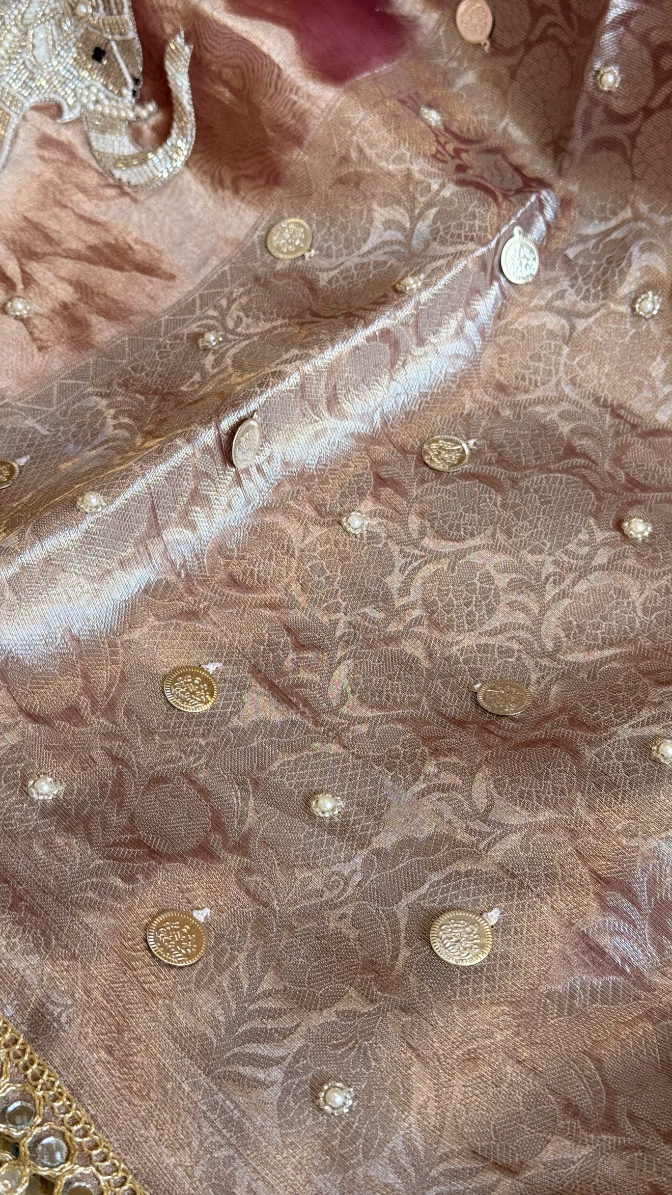 Gulabi jadau edit - Rose peach tissue silk jadau work hand embroidered saree