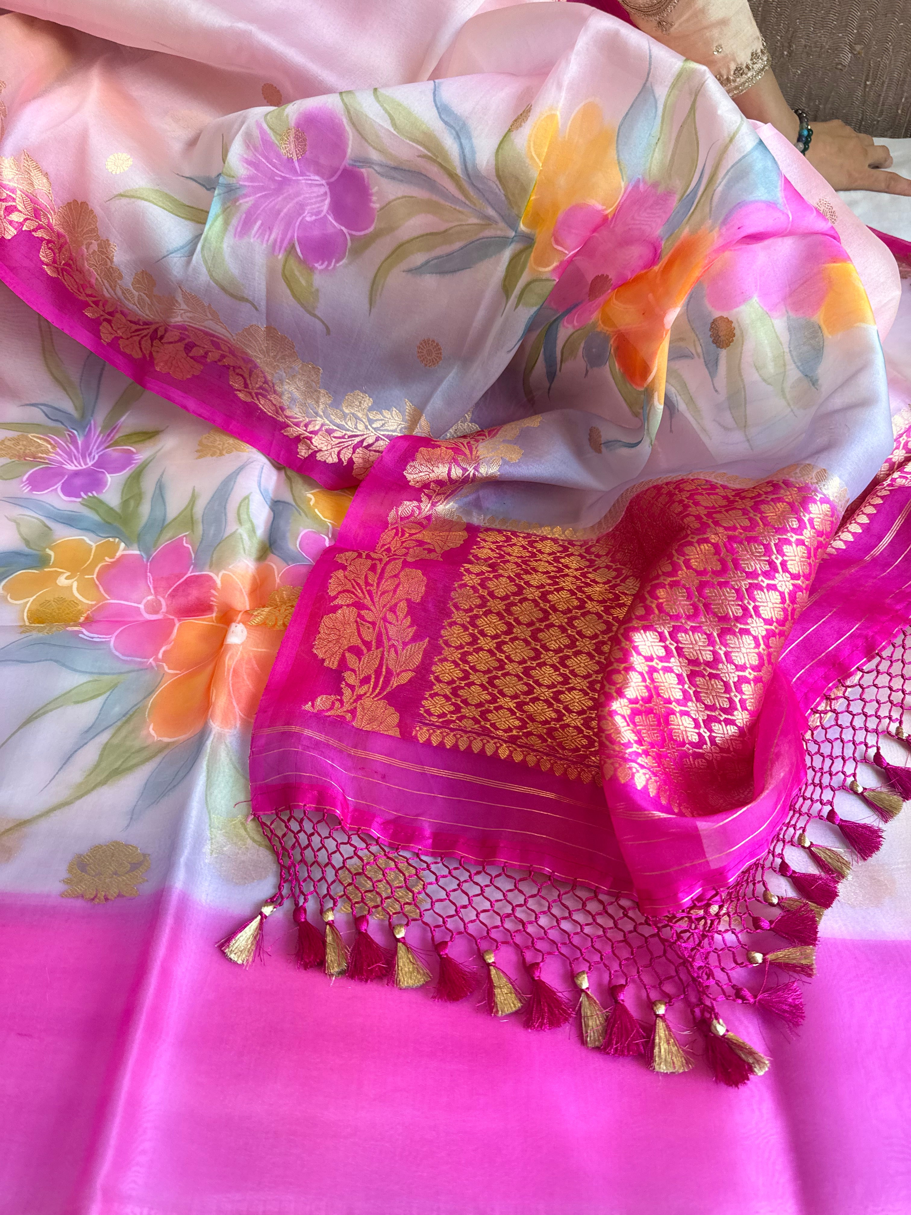 Rainbow dyed kora silk handpainted brush dyed banarasi suit sets