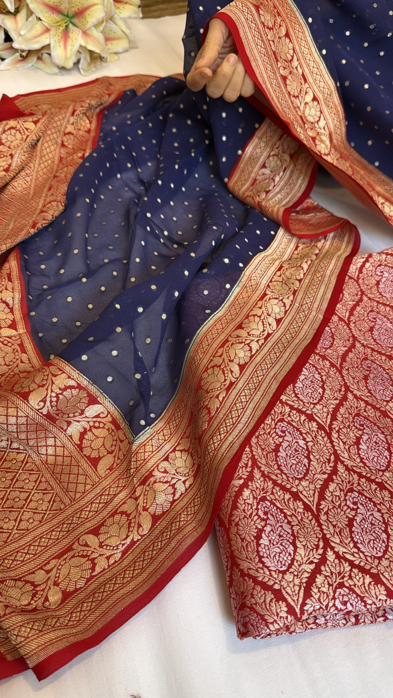 Blood red - persian blue chap dye moonga silk brocade kurta paired with gorgette duppata set
