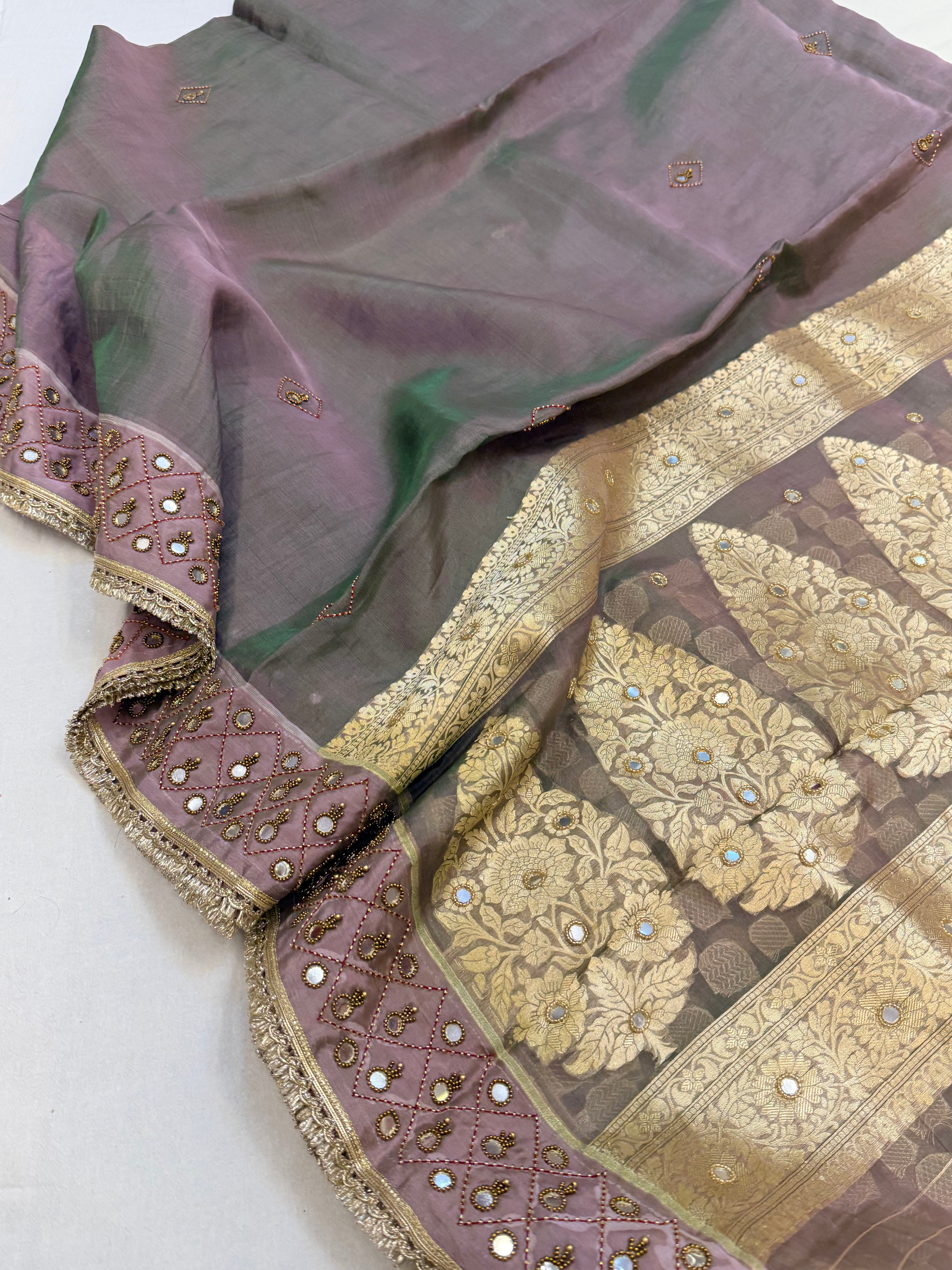 Moonlight purple tissue silk hand embroidered kadhwa saree