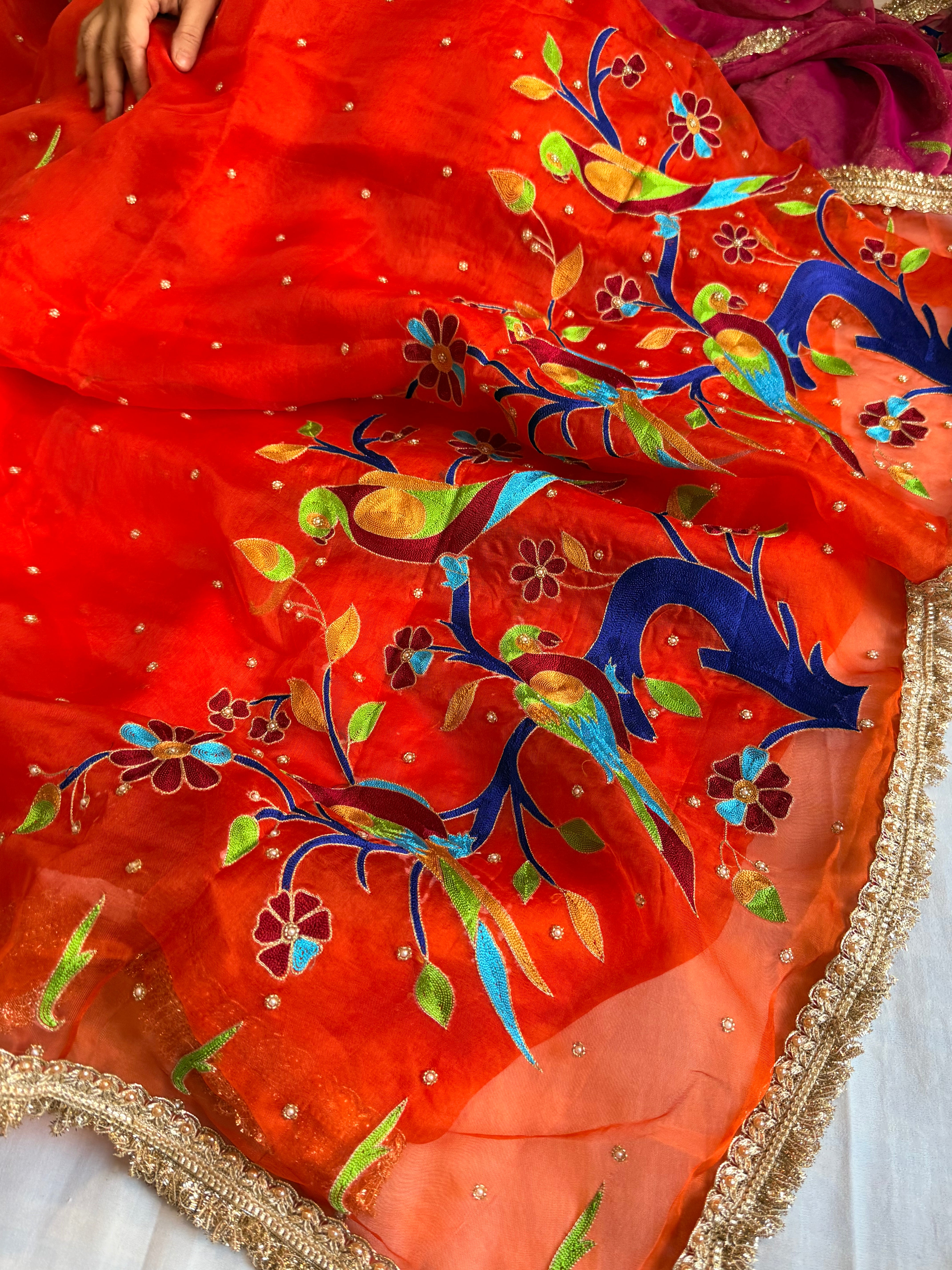 Blood red kora silk paithani meenakari hand embroidered saree