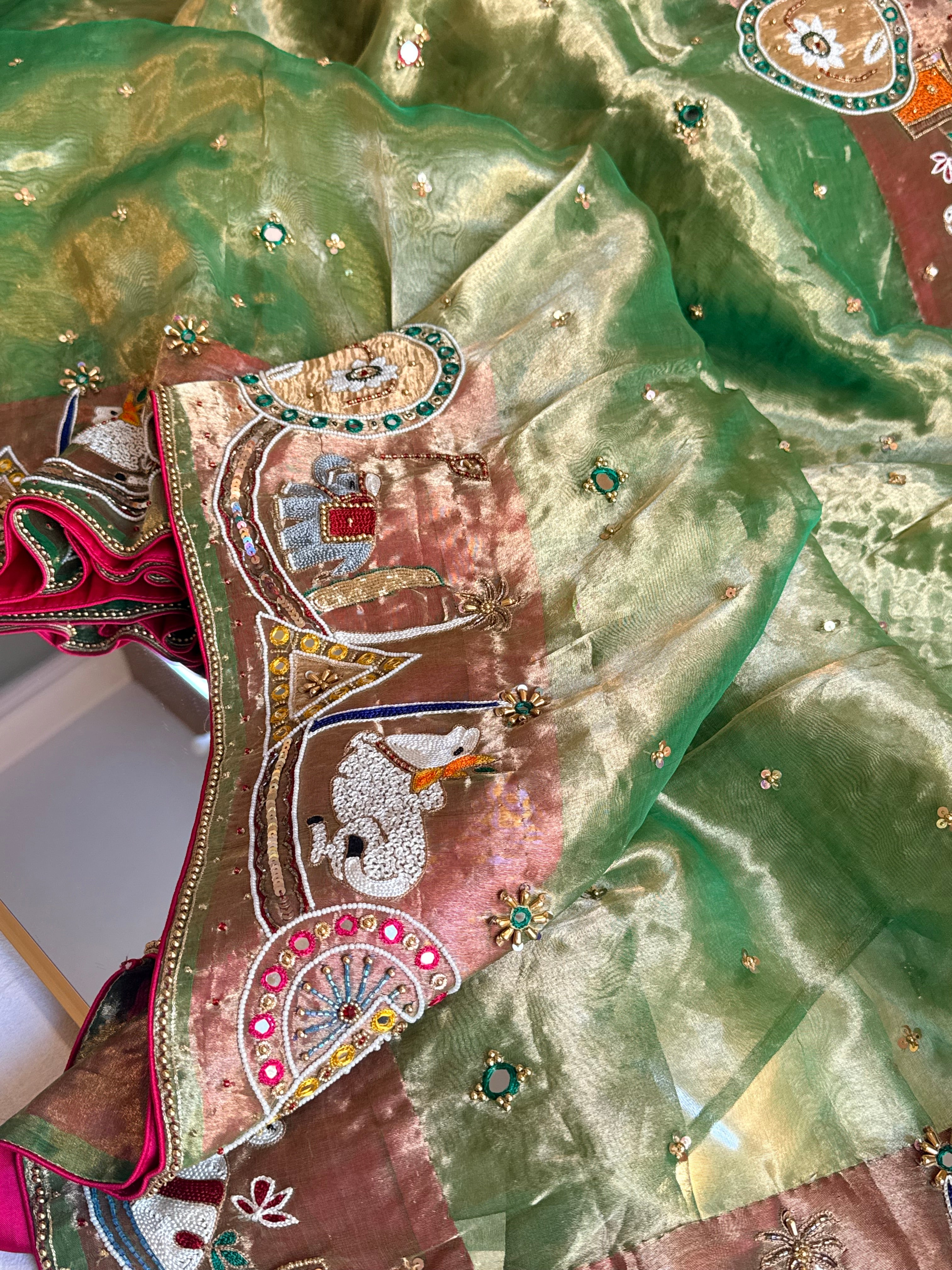 Godbharai wali saree - Emerald green diamond tissue silk hand embroidered saree