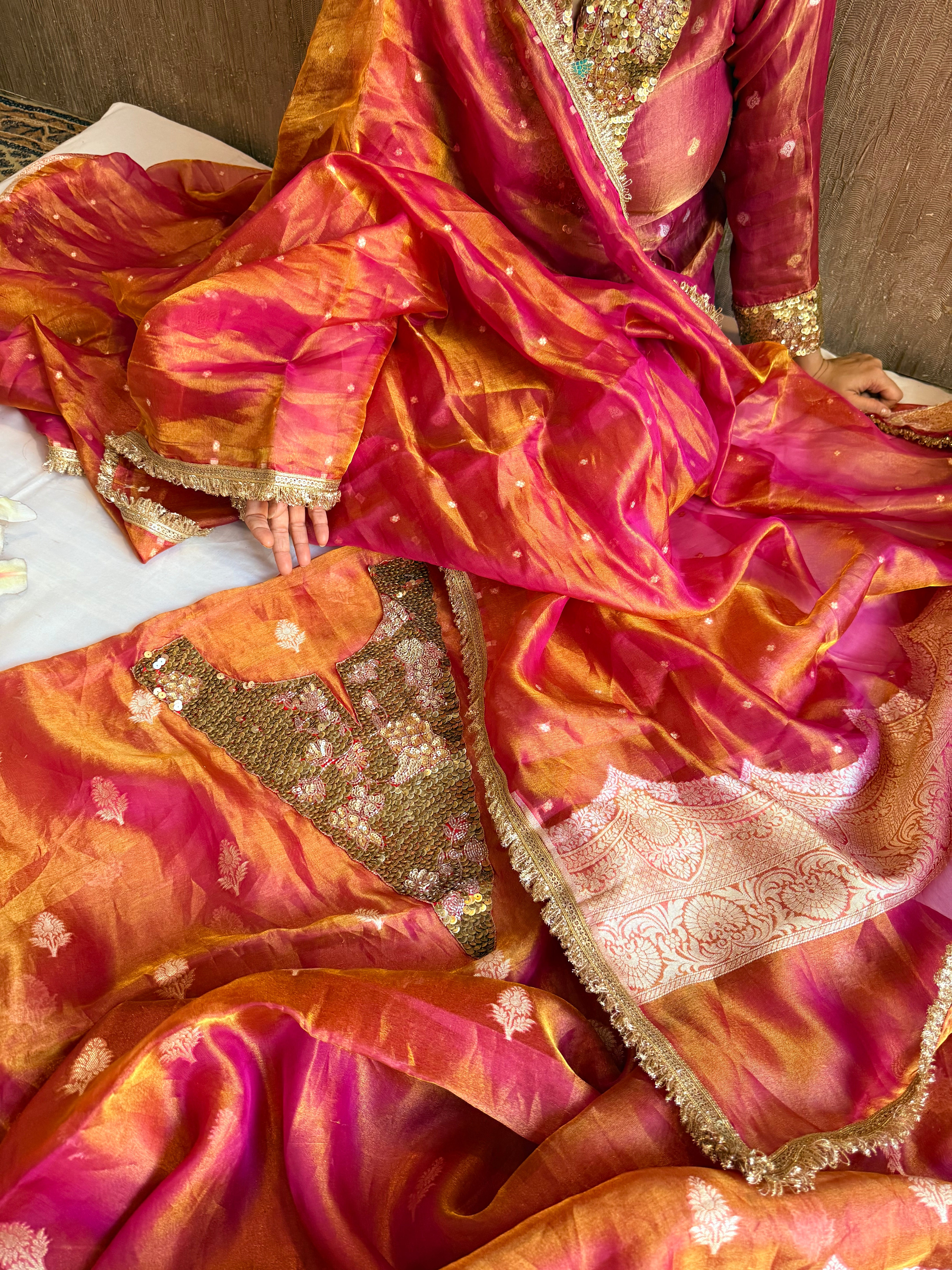 Karwachauth edit tissue silk sequins work hand embroidered suits