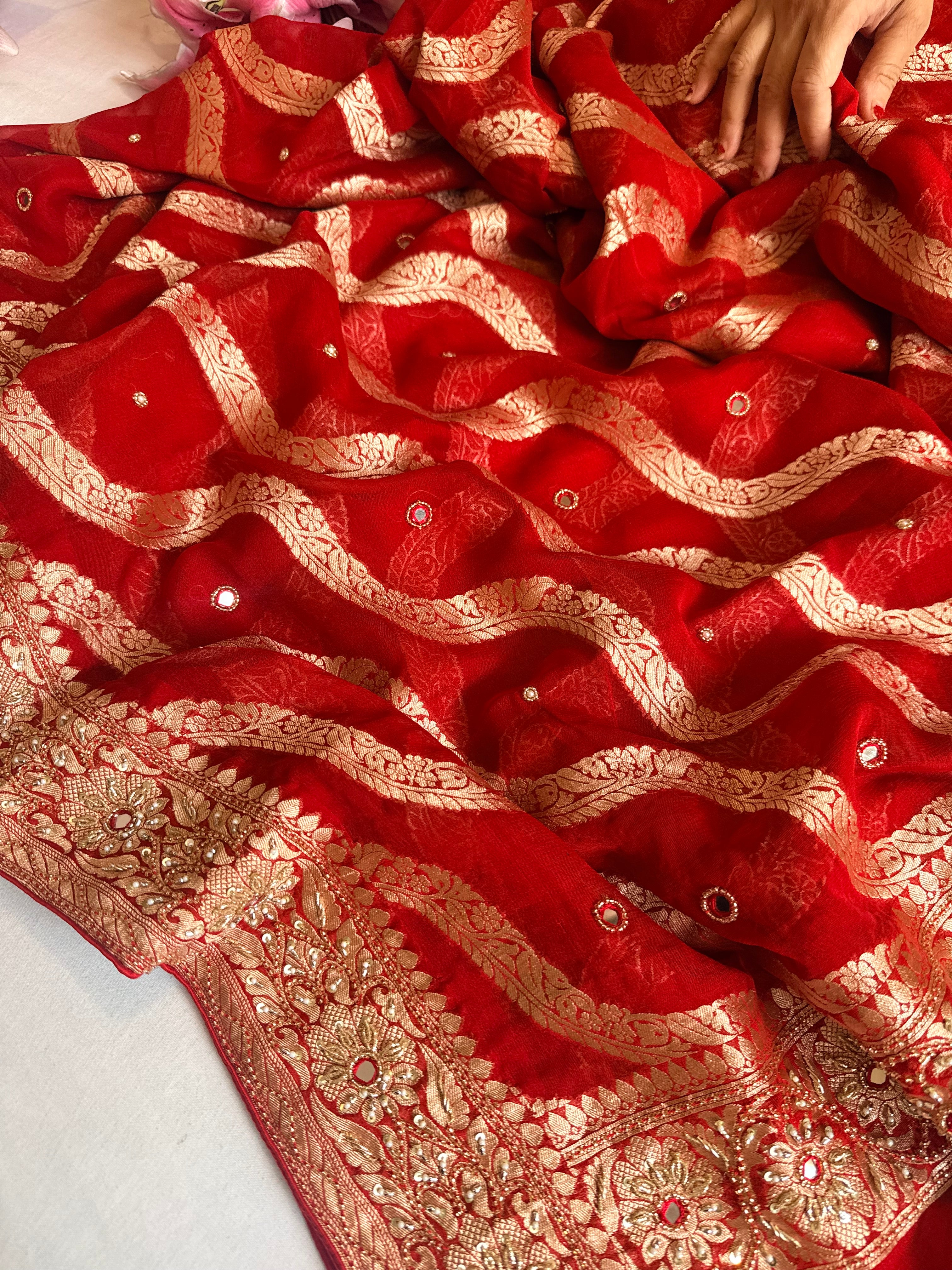Bridal red chiffon gorgette hand embroidered kadhwa saree