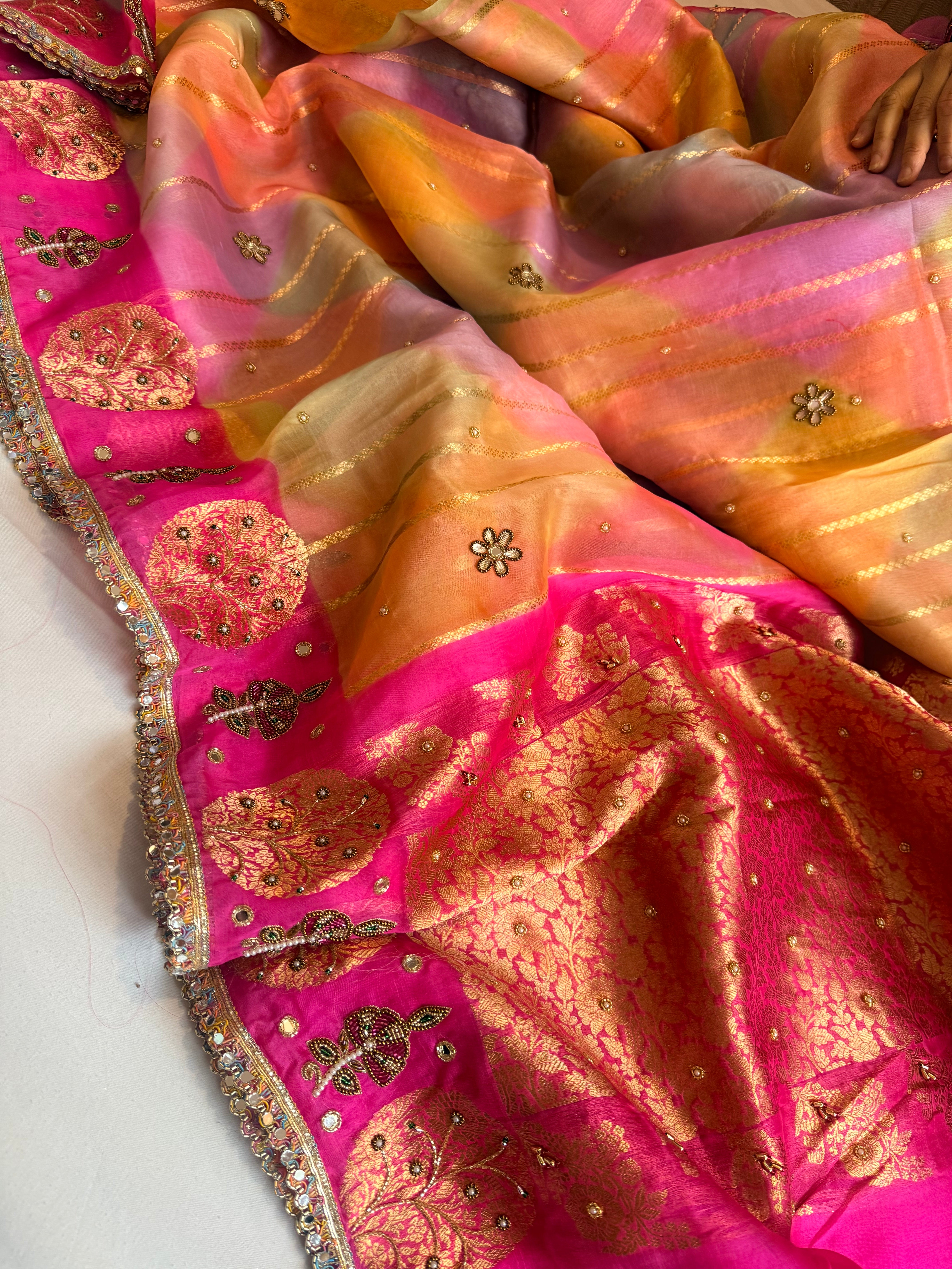 Gulab ka ras - Kora silk rangkaat weaving hand embroidered zubieda inspired saree