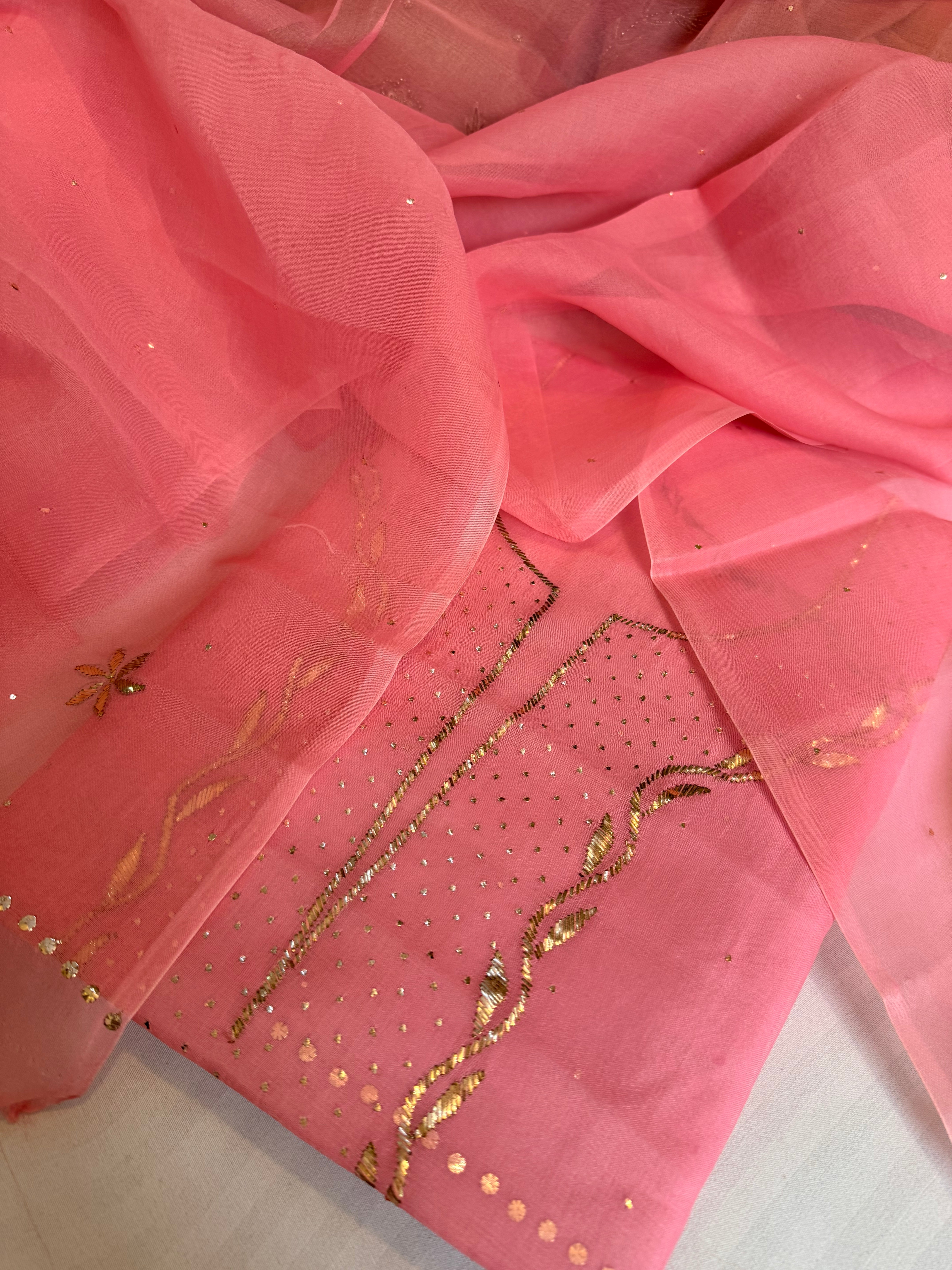 Banarasi peach 60gm kora silk mukaish work hand embroidered suit set