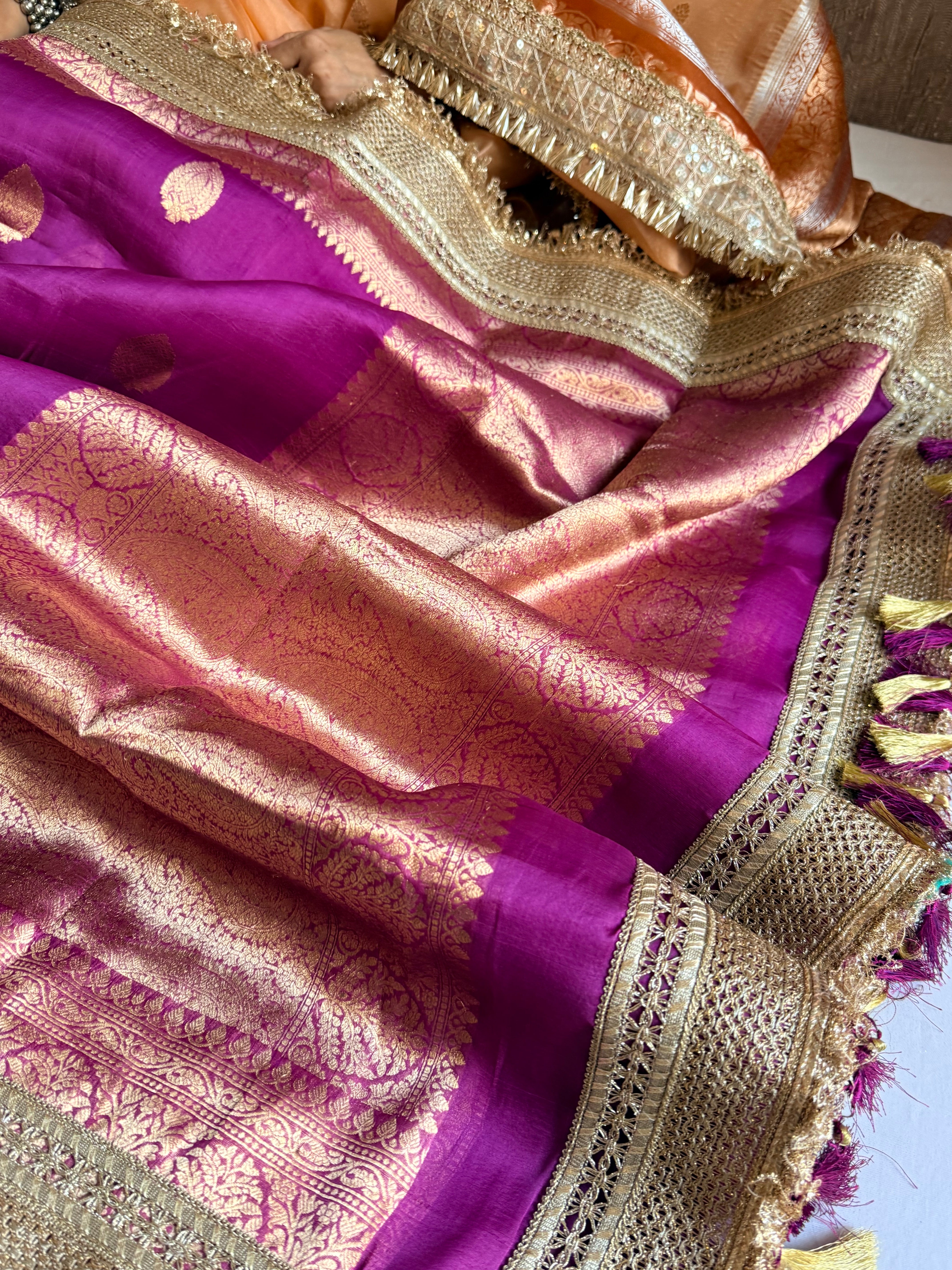 Banarasi leela magenta purple kora silk kadhwa saree