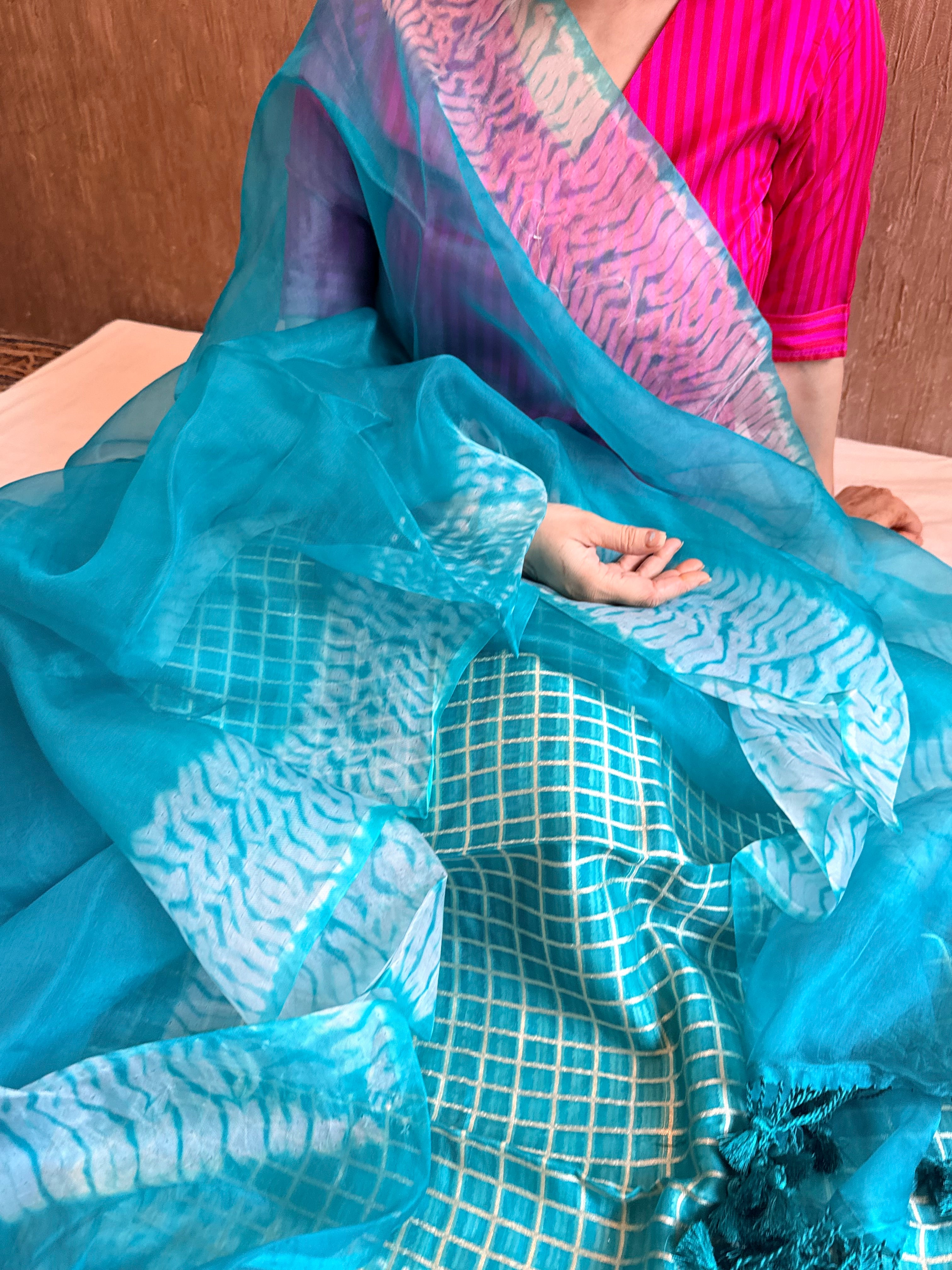 Firozi banarasi blue kora silk shibori dye kadhwa suit set