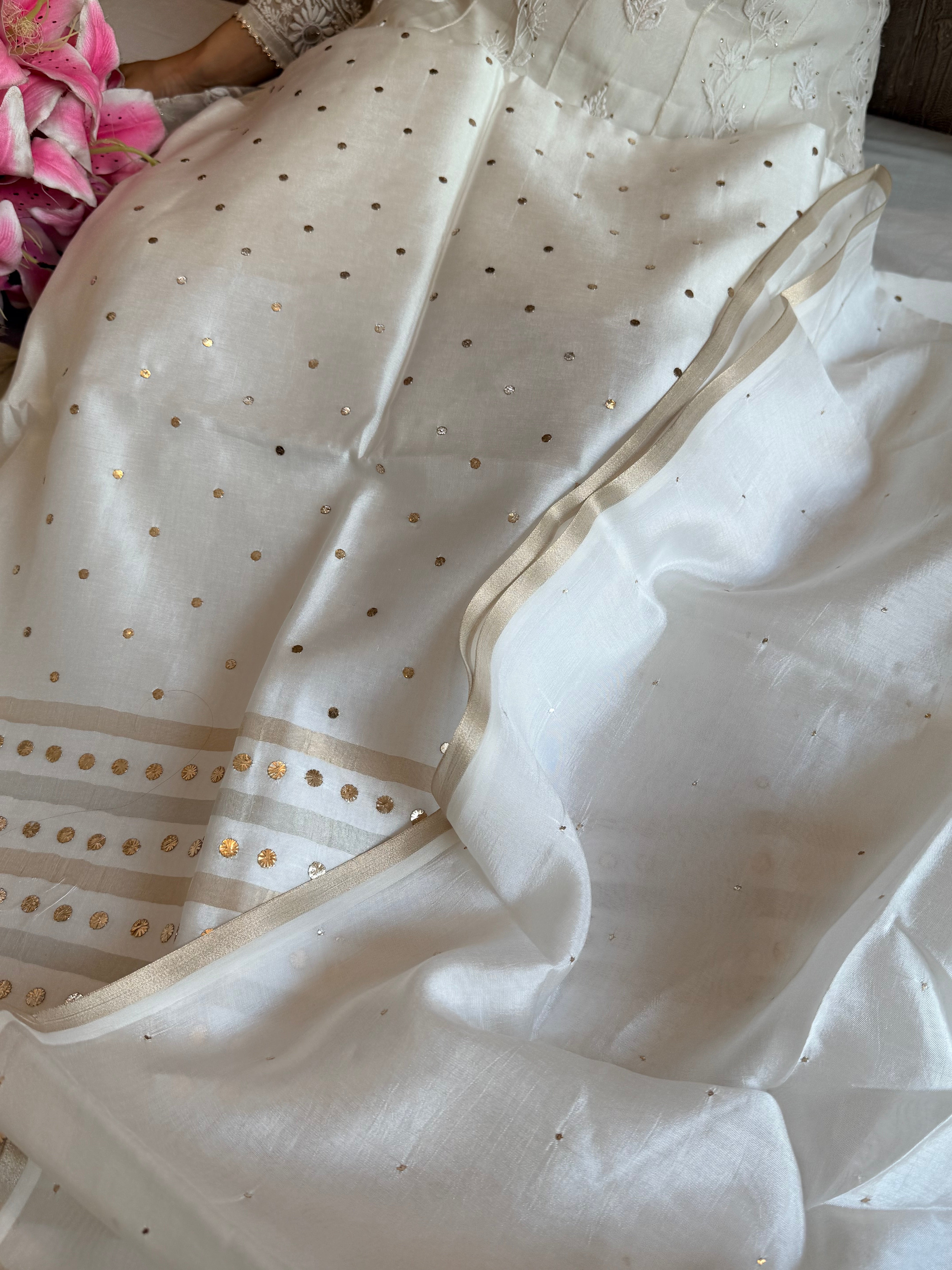 Pearl white spun chiniya silk mukaish hand embroidered suit sets
