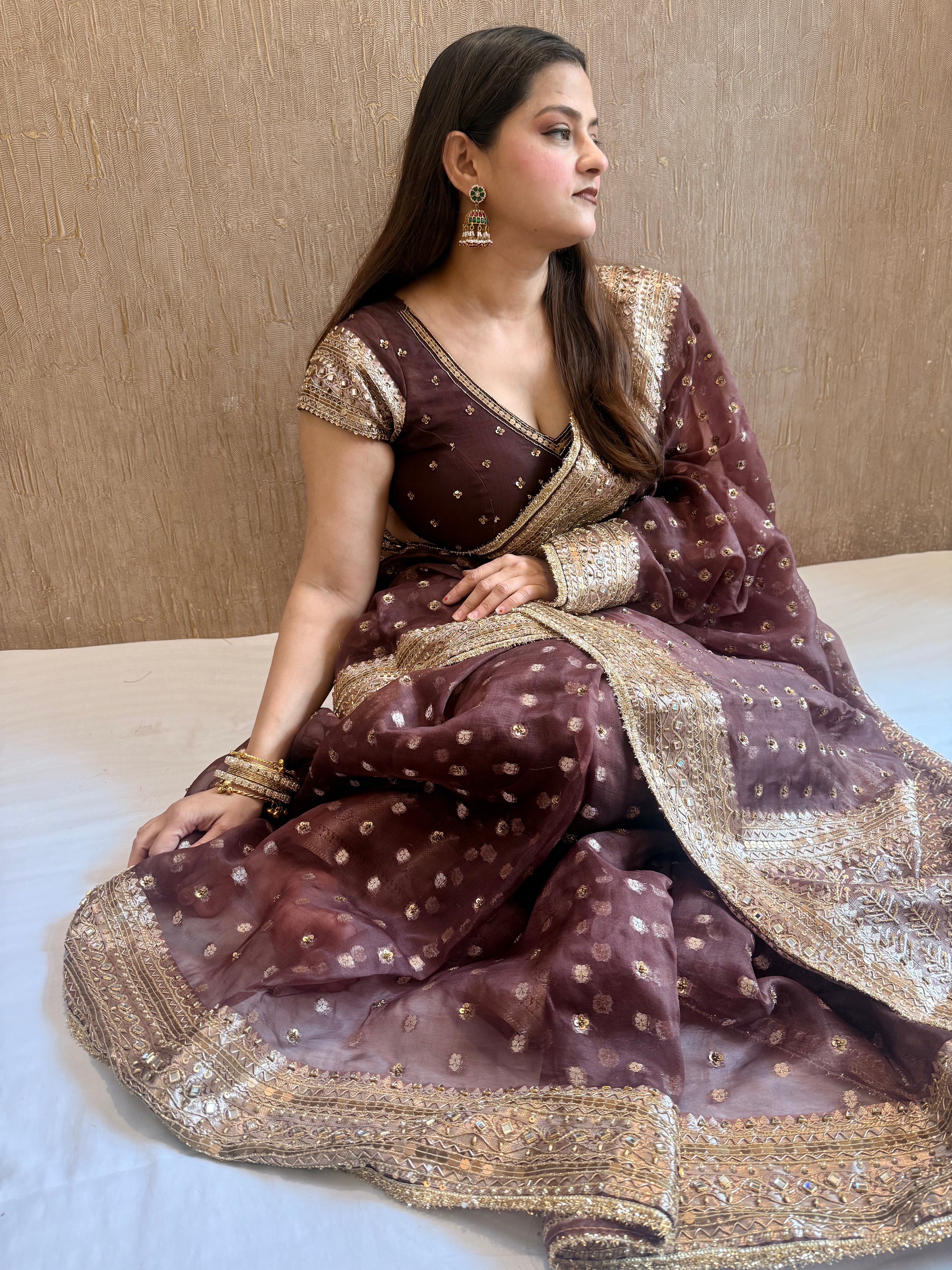 Coffee brown kora silk bollywood inspired antique work hand embroidered saree ( Blouse stitched size M-L )
