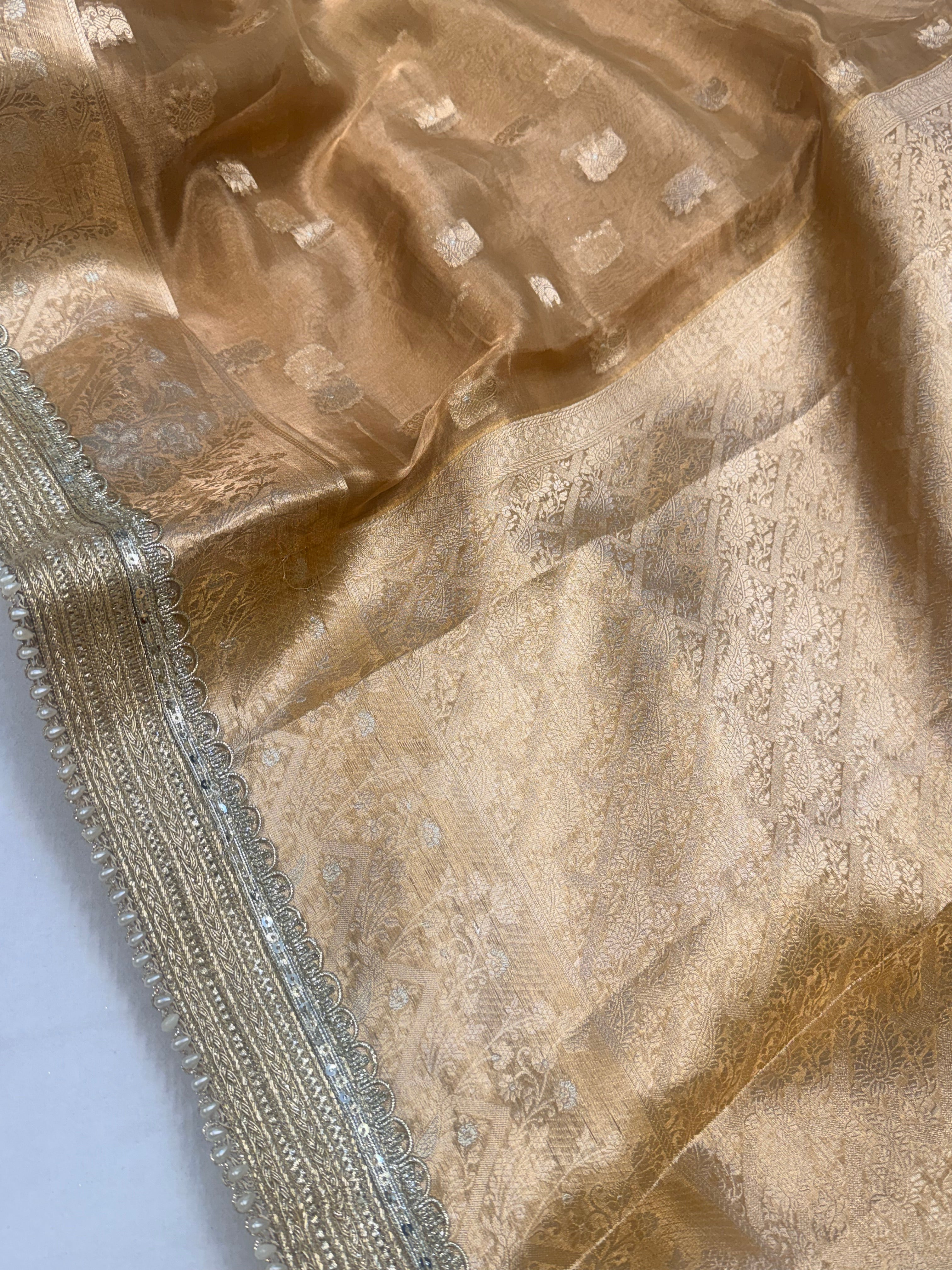 Champagne gold tissue silk kadhwa buti gotapatti saree