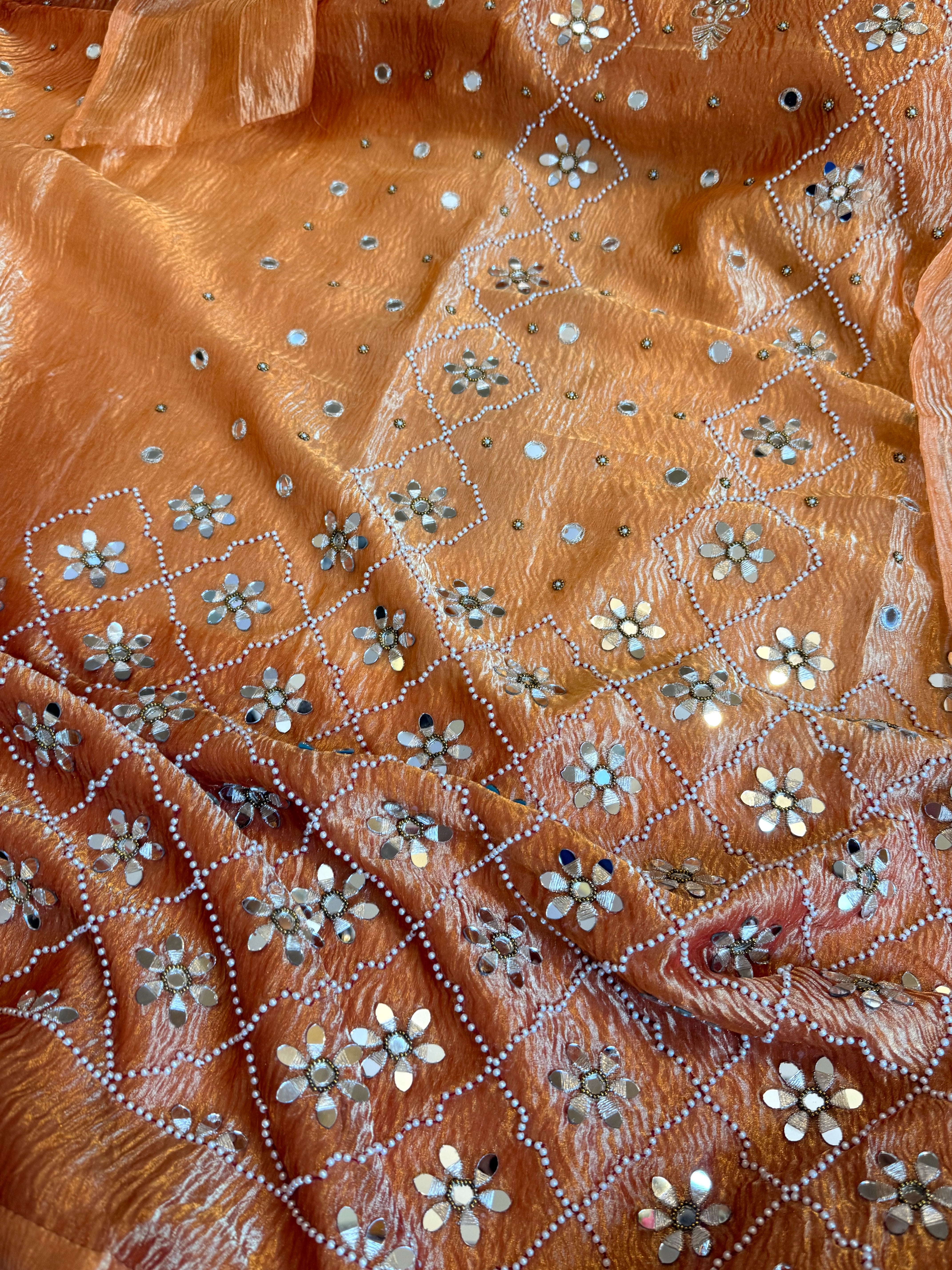 Peachy orange crush tissue silk mirrorwork hand embroidered kadhwa suits
