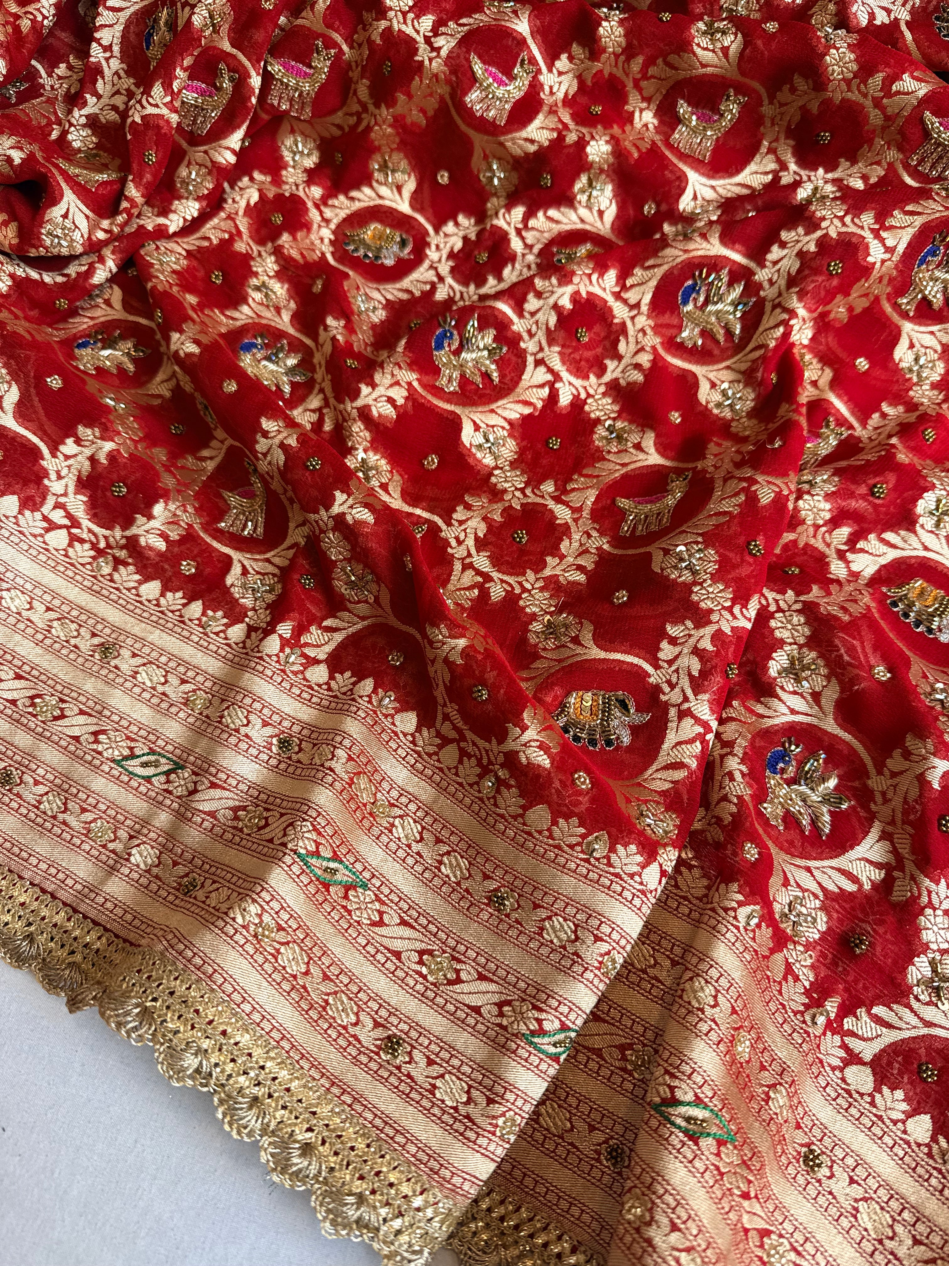 Bridal red chiffon gorgette jaal work hand embroidered kadhwa saree