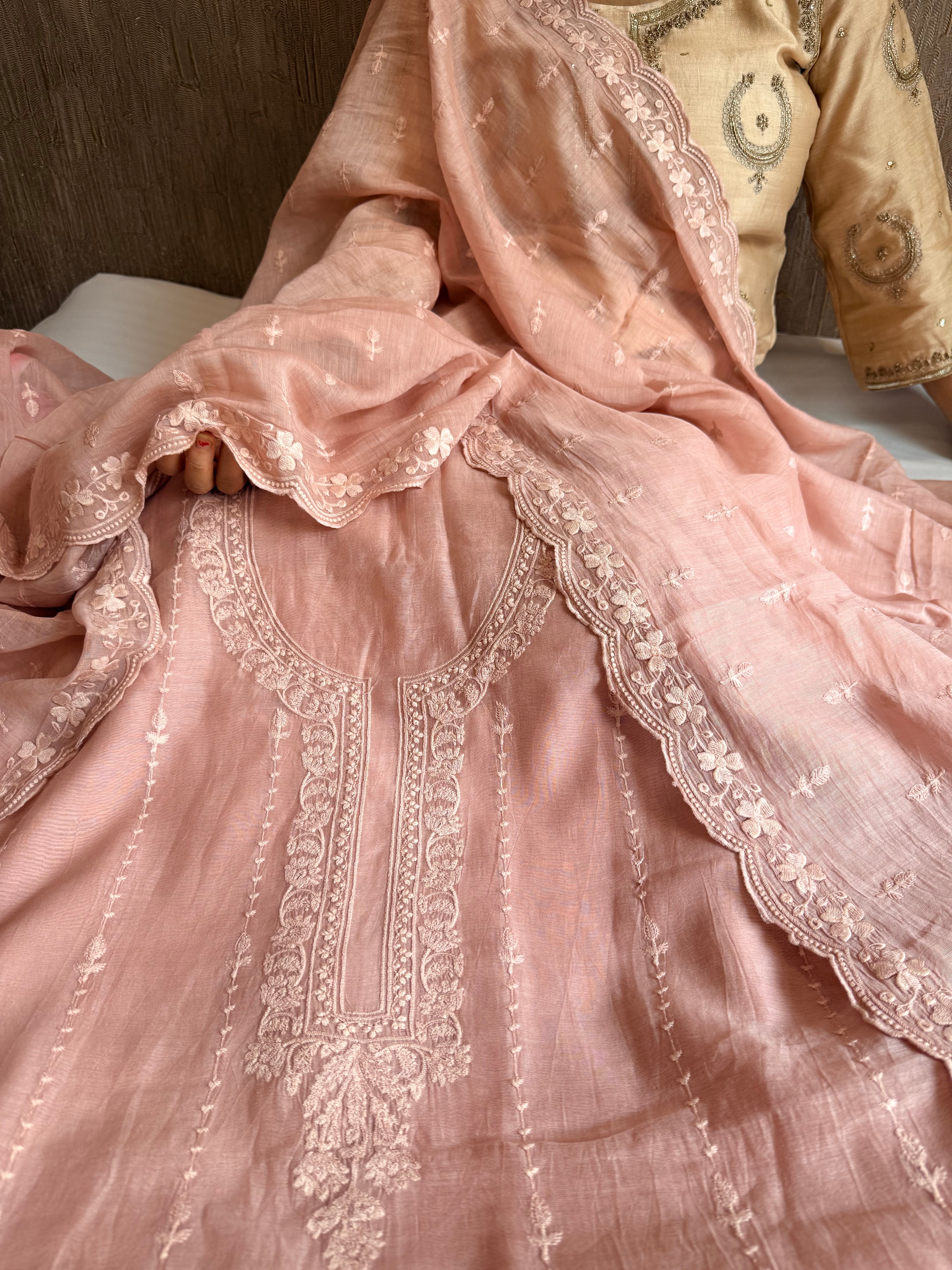 Dusty peach mul cotton thread hand embroidered suit set