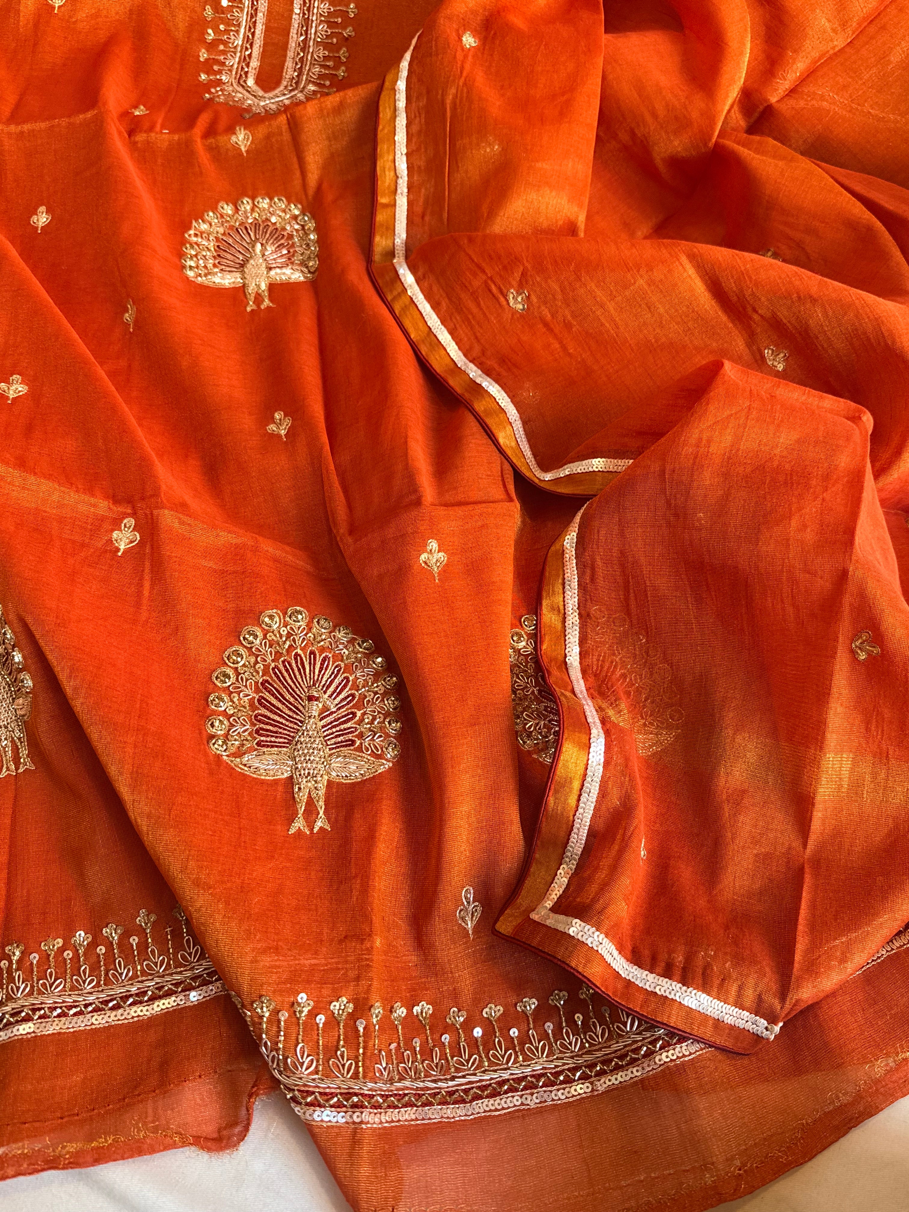 Fanta orange mul cotton silk tissue hand embroidered kadhwa suit set