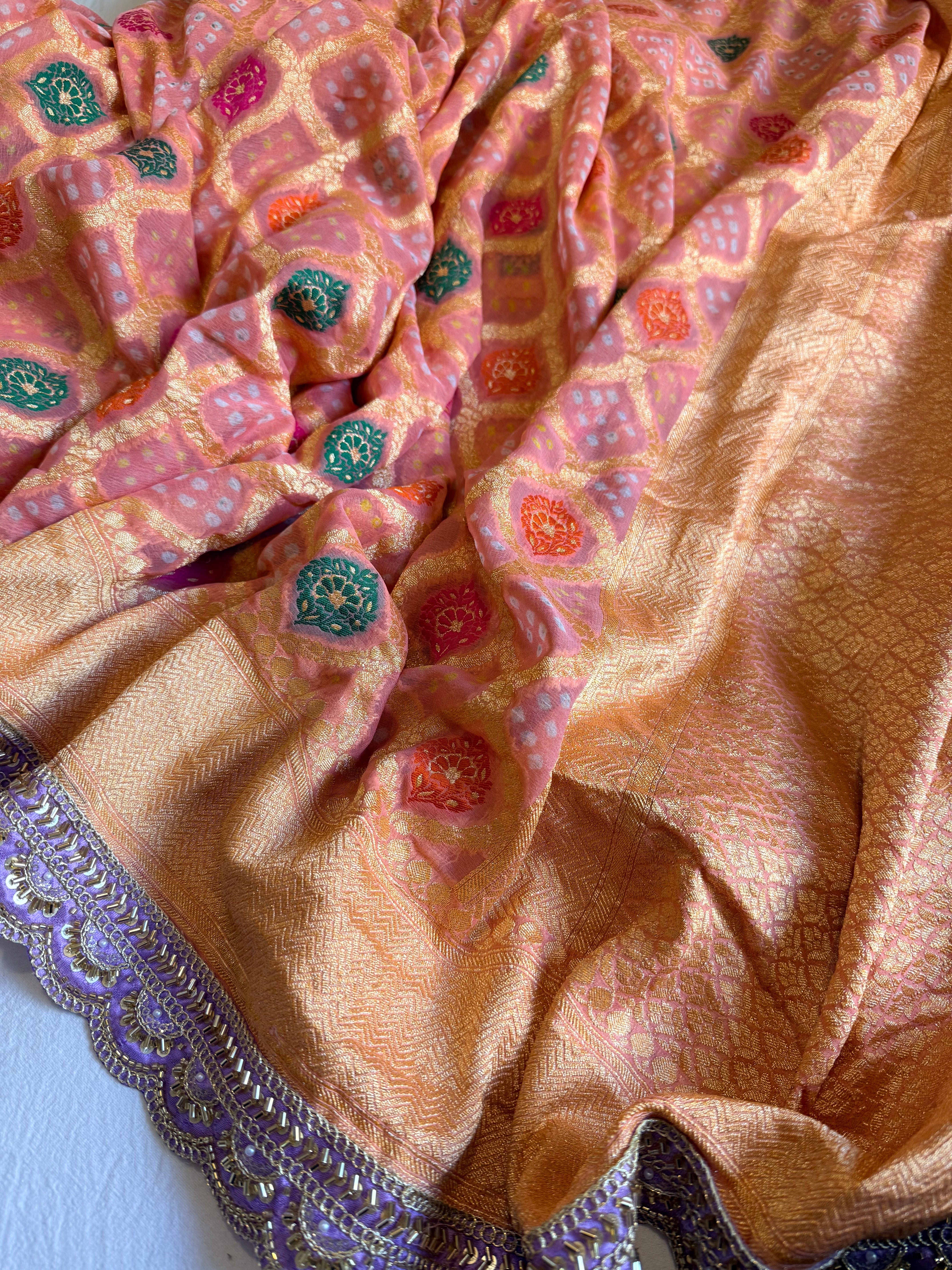 Banarasi blush shades of chiffon rai bandhej mirror work gotapatti saree
