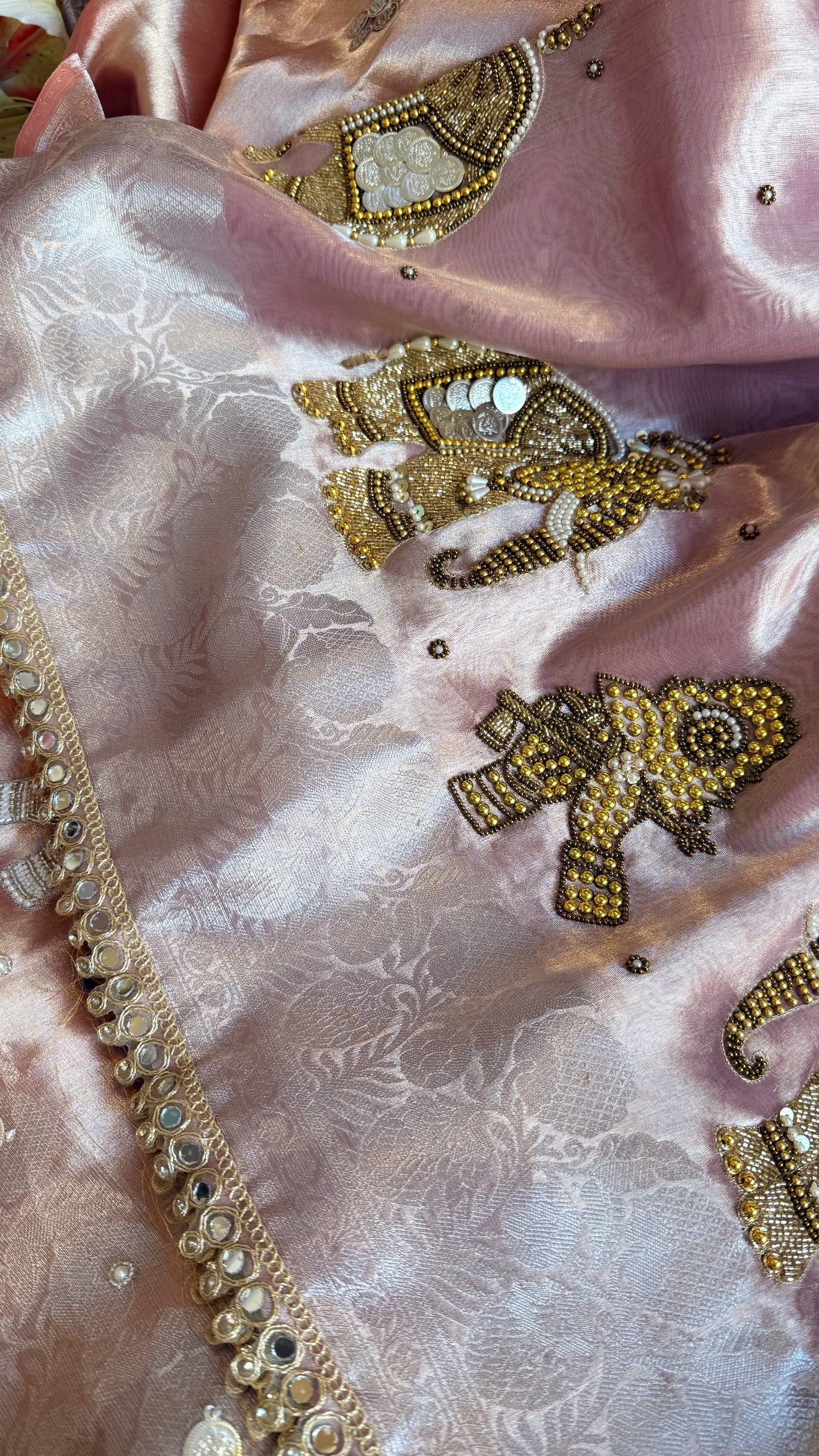 Gulabi jadau saree - Rosy pink tissue silk jadau work hand embroidered saree