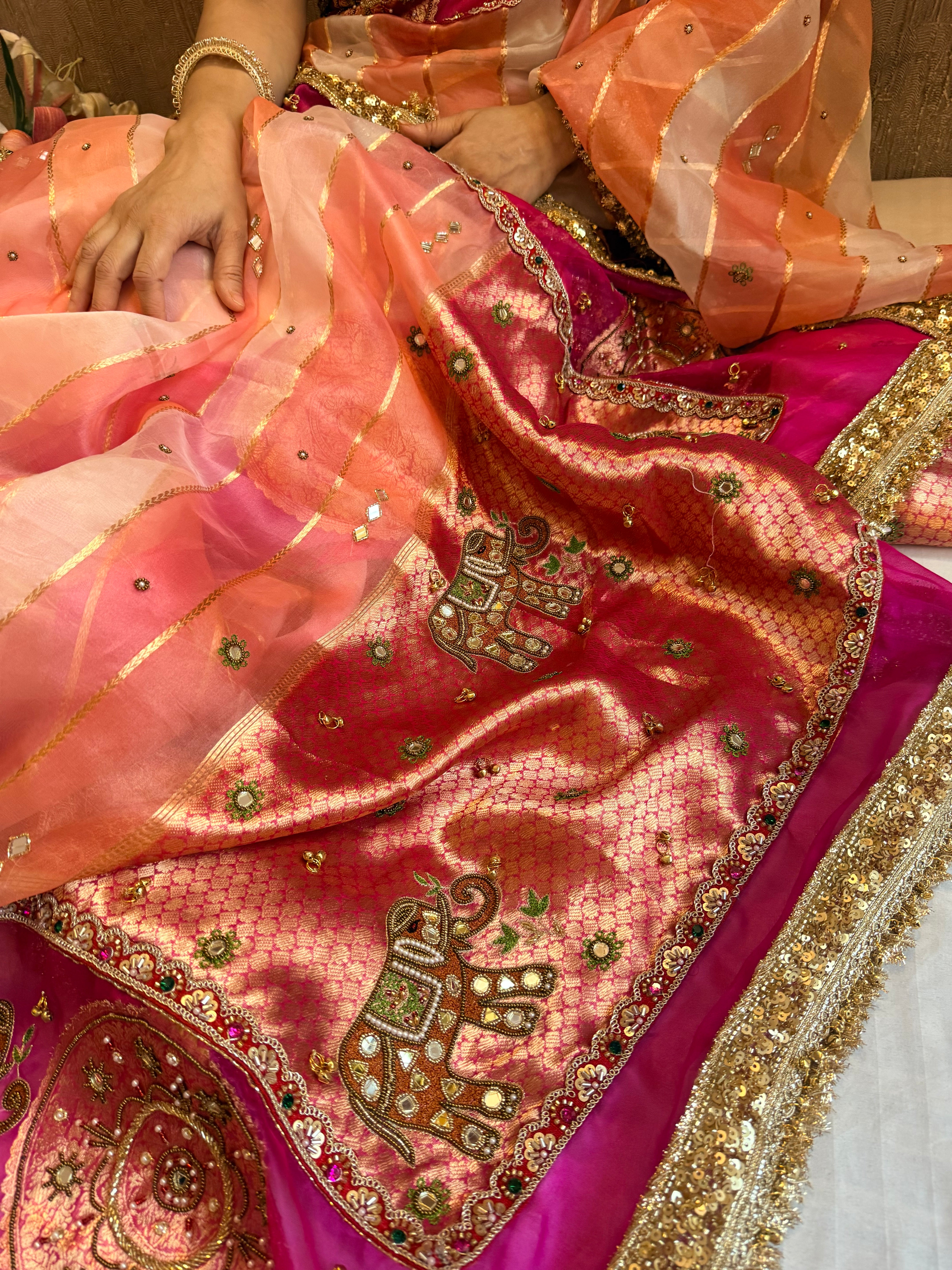 Navratan edit - Gola buti and hathi work hand embroidered kora silk saree