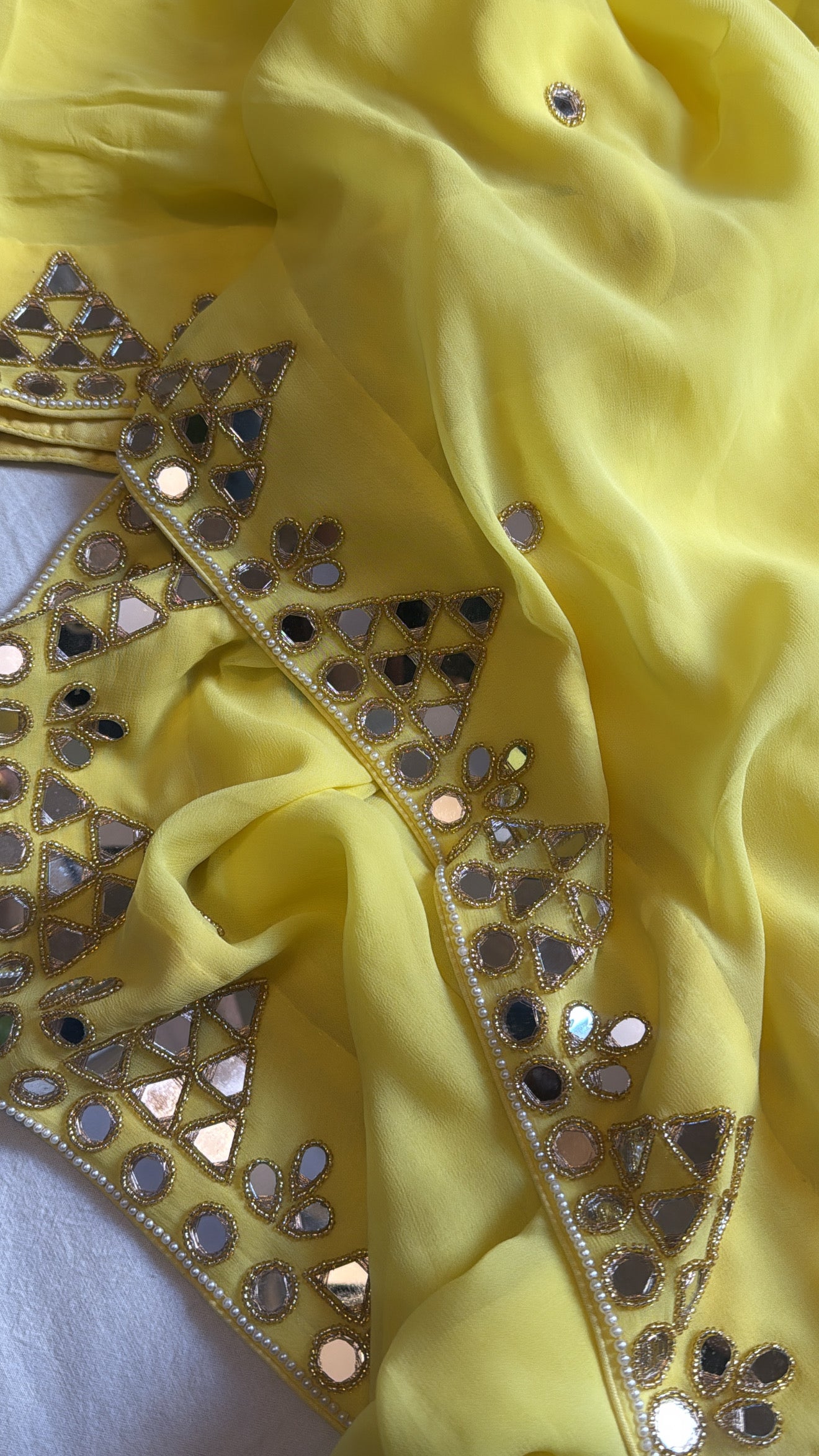 Mother’s Day offer - Lime yellow chiffon gorgette mirrorwork hand embroidered sarees