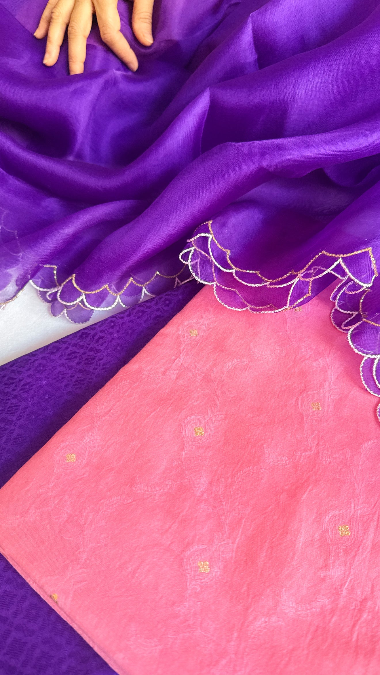Summer suits under 8k - Mul cotton peach kurta paired with purple scalloped kora silk duppata