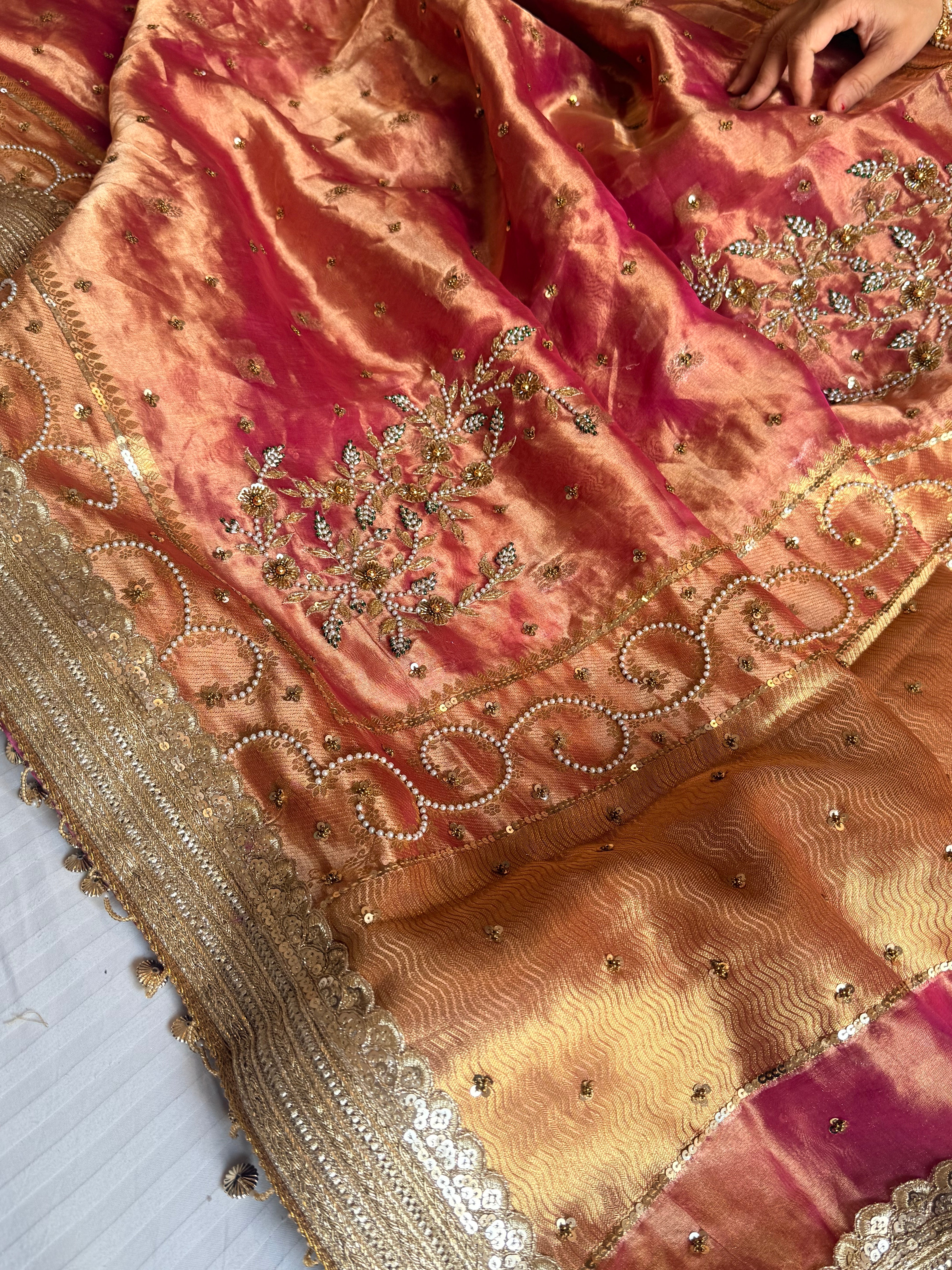 Salma-sitara molten hot pink tissue silk antique work hand embroidered saree