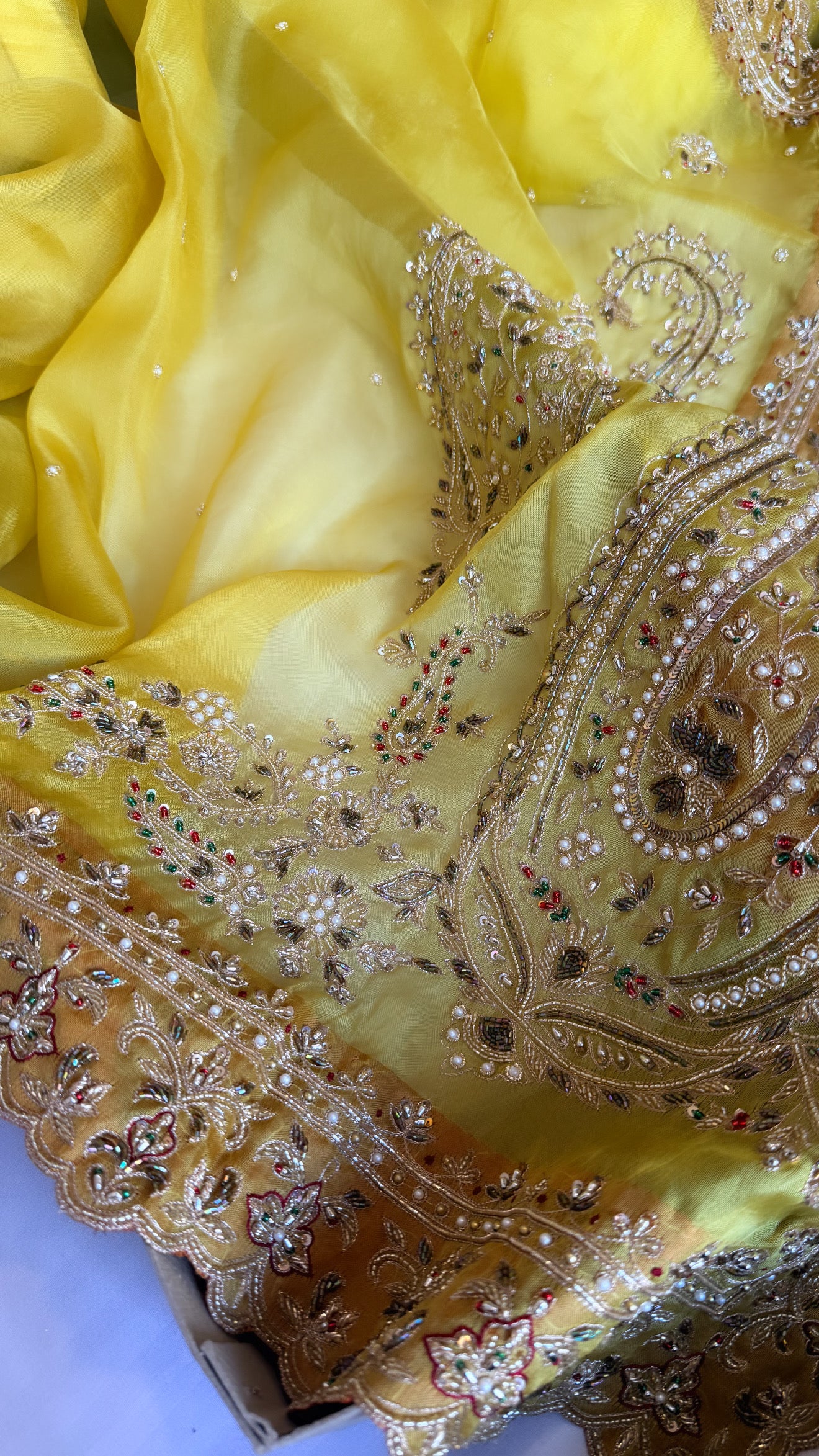 Mummy ki purani wali saree edit - Pineapple yellow kora silk kadhwa hand embroidered saree