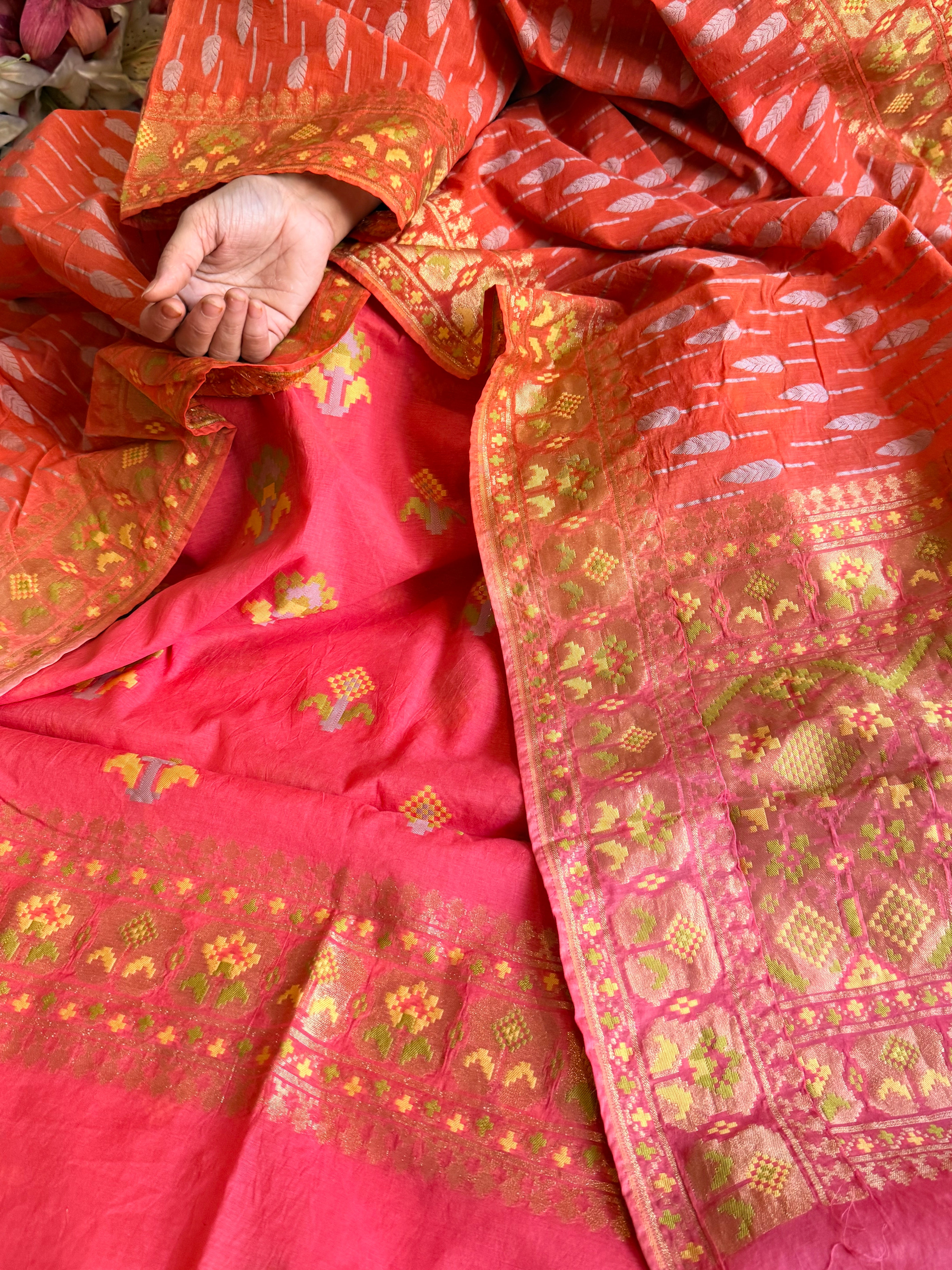 Mul cotton banarasi kadhwa buti peachy pink suit set