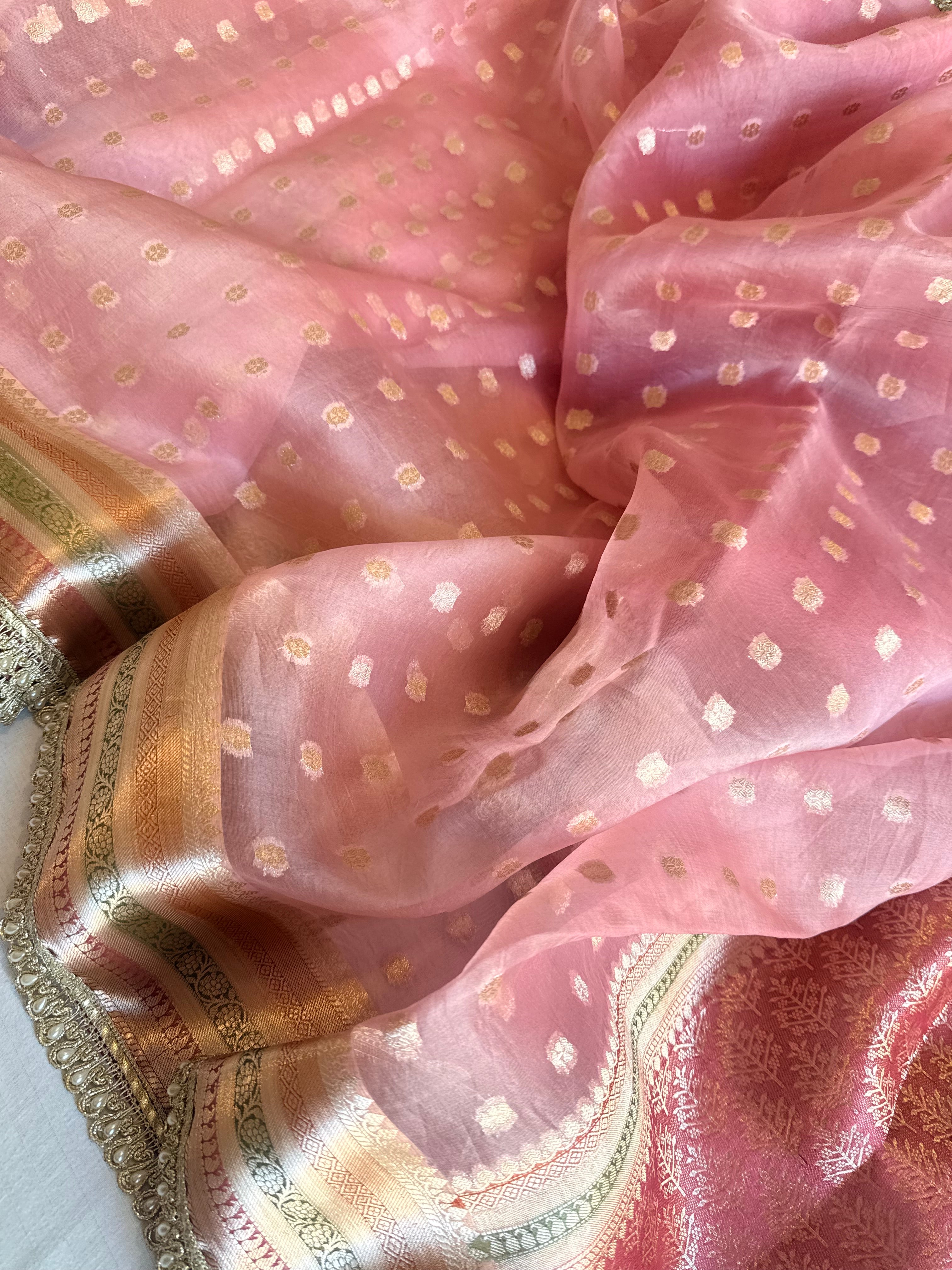 Banarasi kora silk rainbow dyed kadhwa saree with gotapatti work