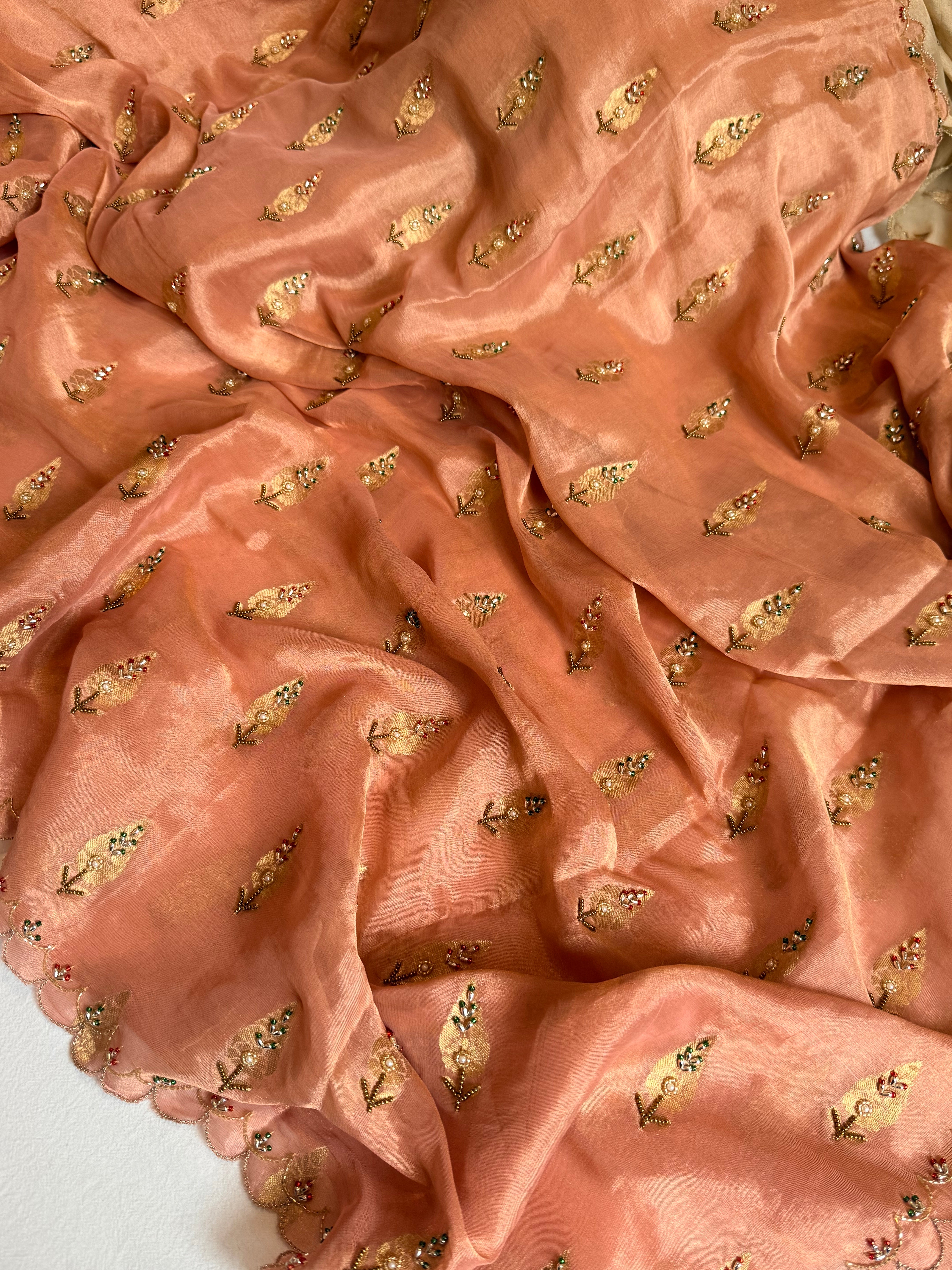 Chiffon tissue gorgette chunri buti hand embroidered kadhwa saree