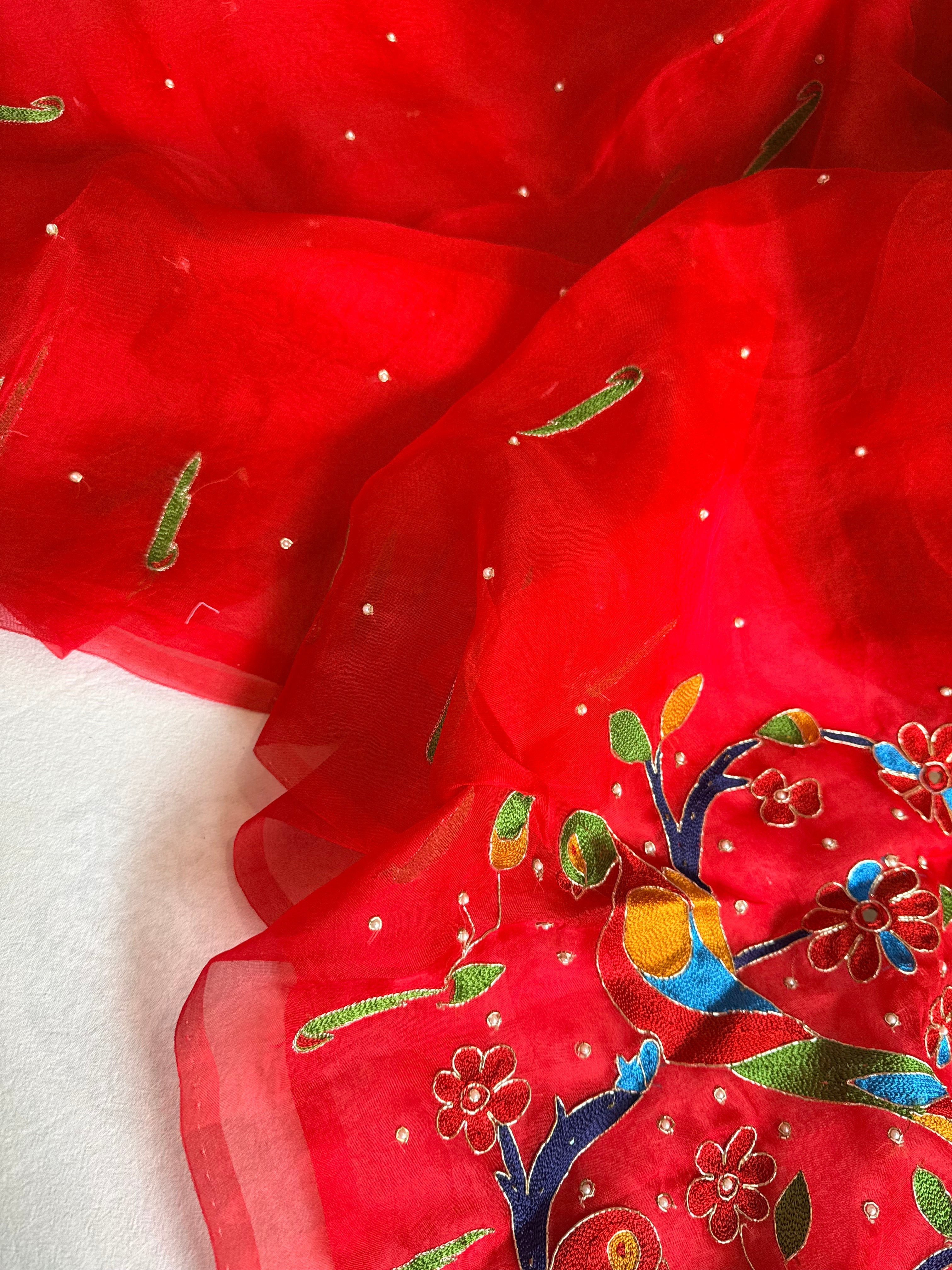 Kora silk blood red paithani design inspired hand embroidered saree
