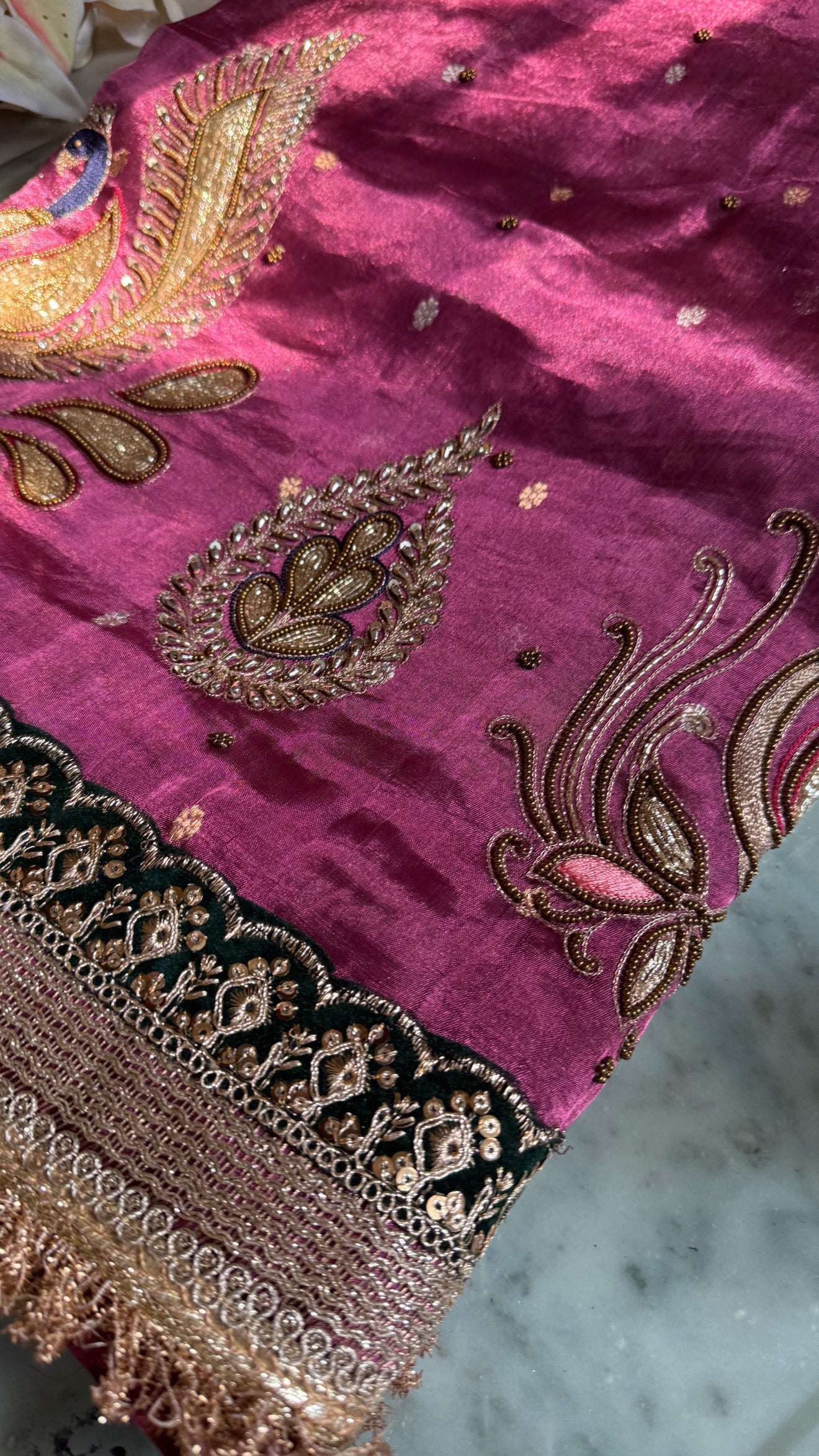 Dancing peacock motif - Magenta purple tissue silk hand embroidered saree
