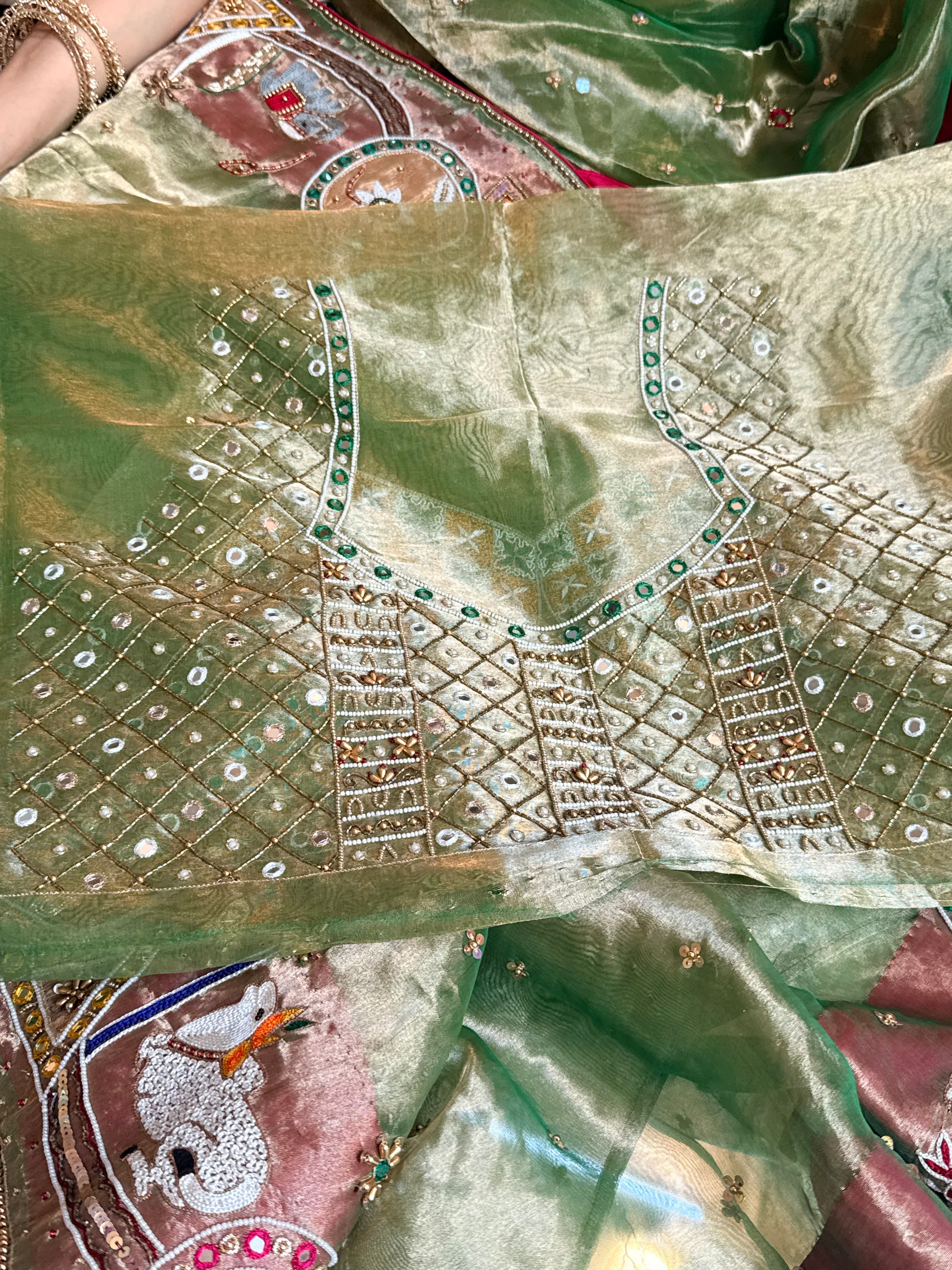 Godbharai wali saree - Emerald green diamond tissue silk hand embroidered saree