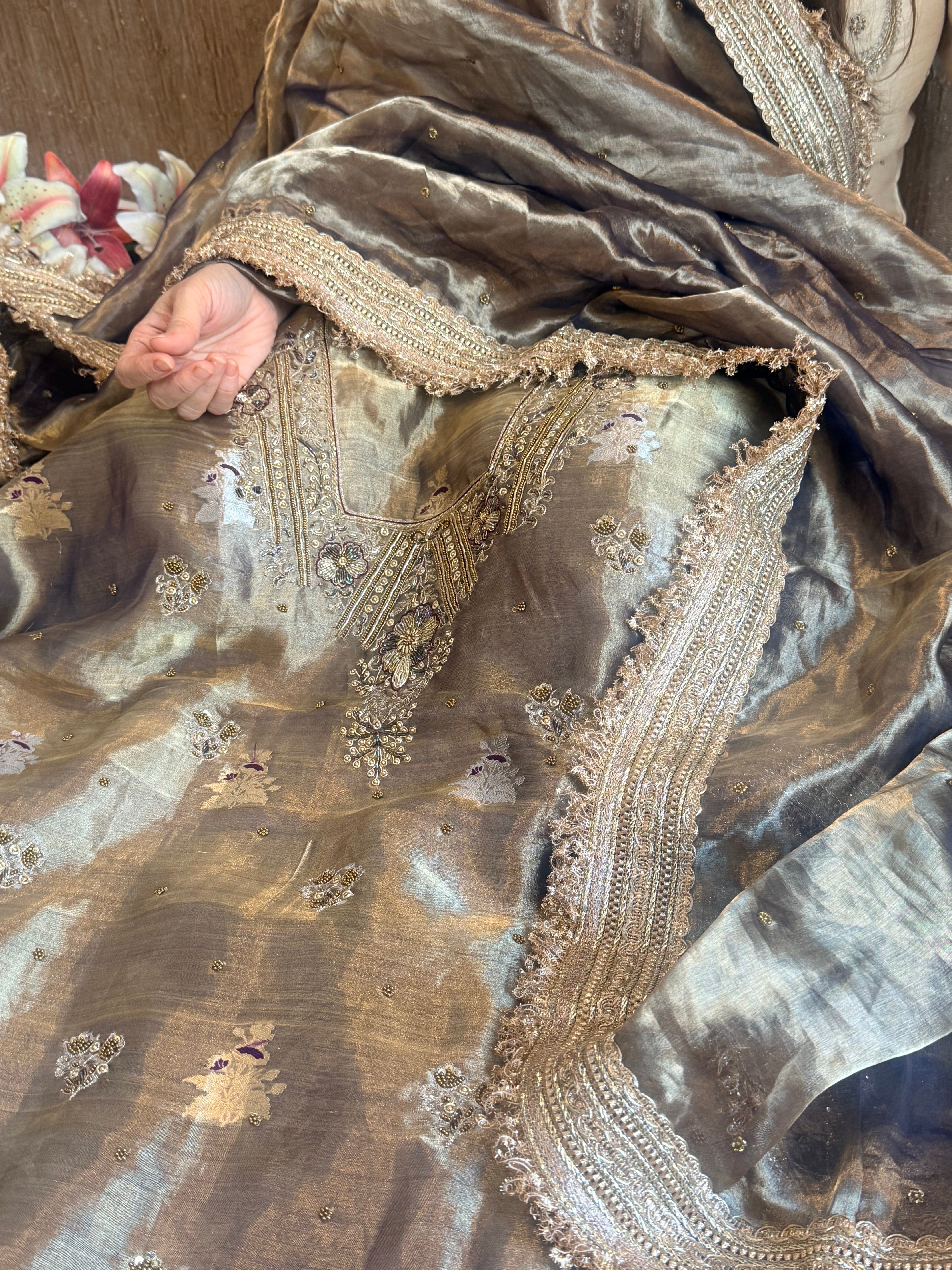 Molten gold tissue silk banarasi hand embroidered kadhwa suits